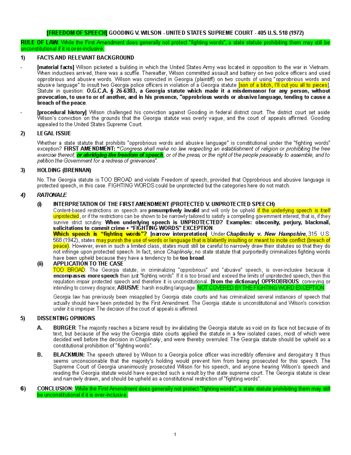 FREEDOM OF SPEECH Case brief & class notes (including diss opinions