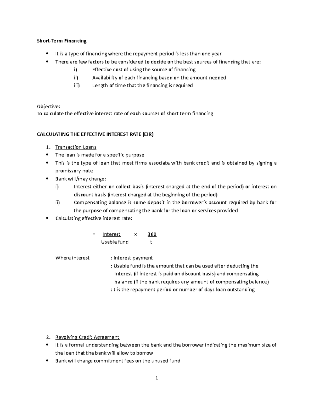 Chapter 8 Short term financing notes - Short-Term Financing It is a ...
