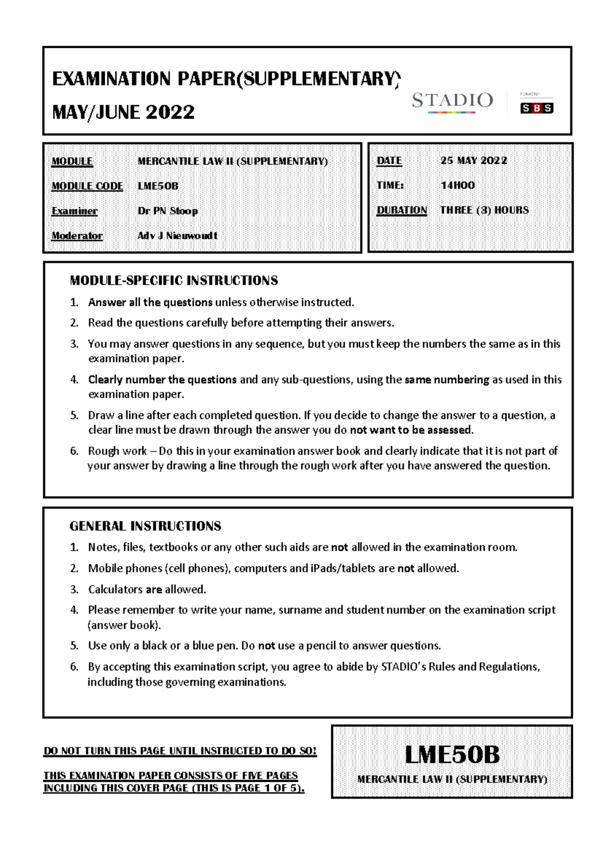 LME50B (SUPP) EXAM Paper 2022 01 - GENERAL INSTRUCTIONS 1. Notes, files ...