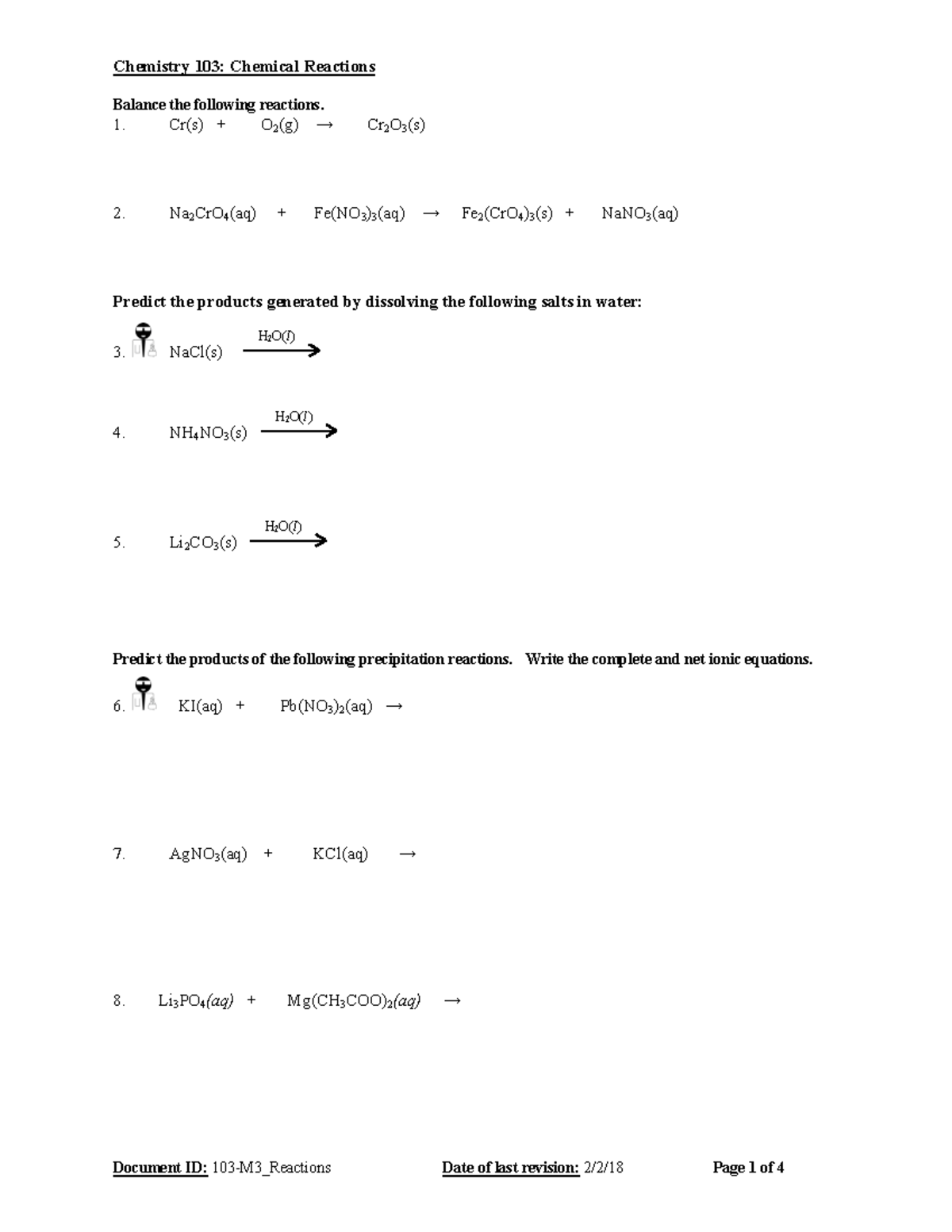 Chemical Reaction Practice - Chemistry 103 : Chemical Reactions Balance ...