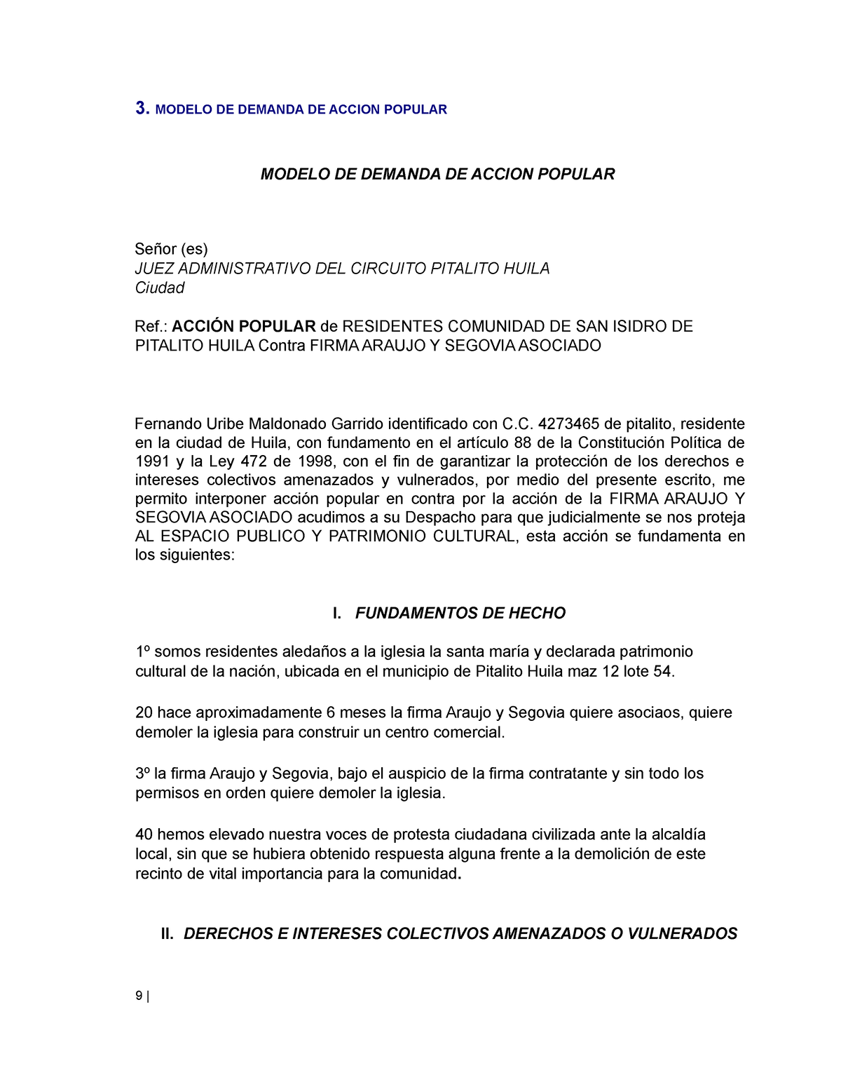 Demanda De Accion Popular 3 Modelo De Demanda De Accion Popular