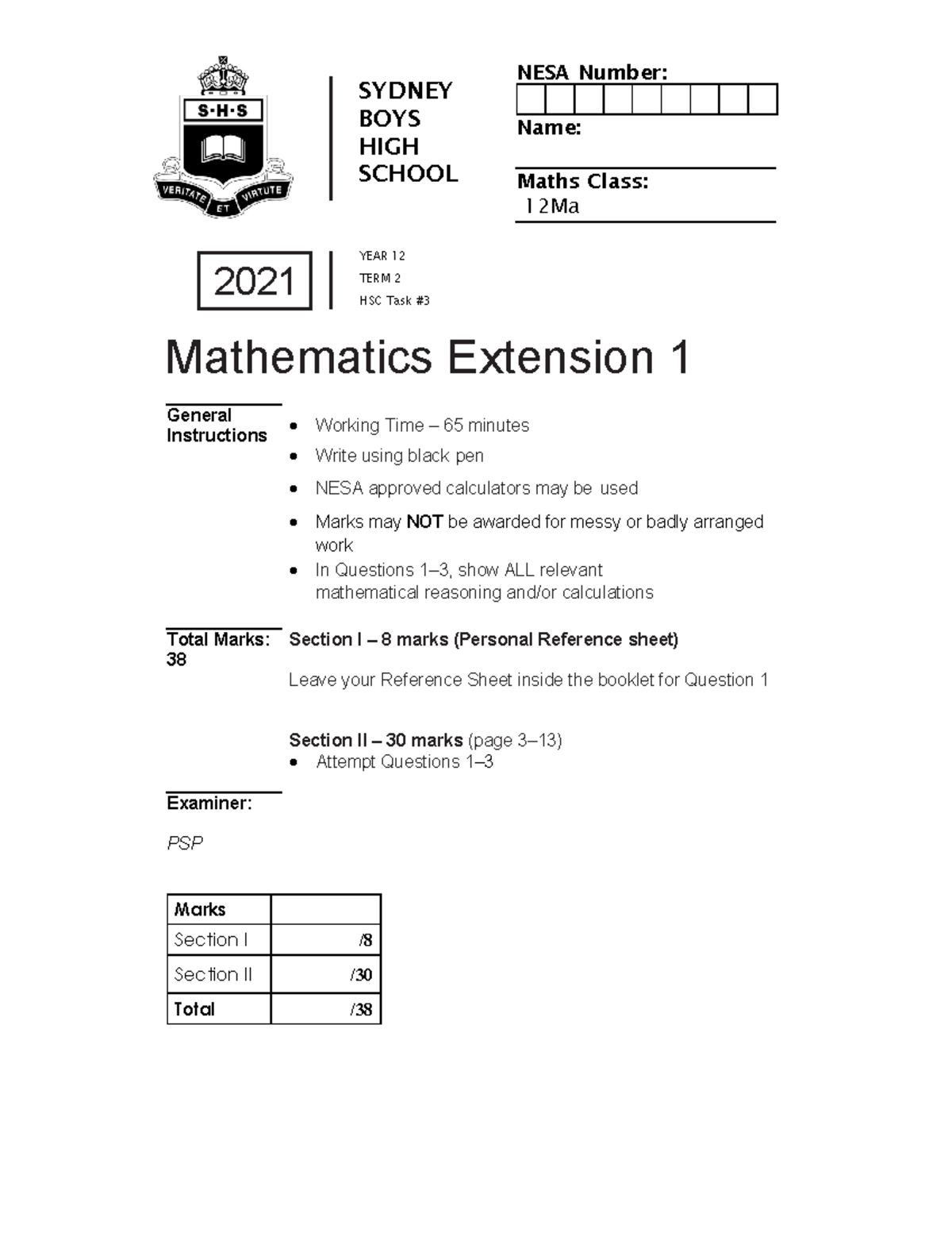 SBHS 2021 Y12 ME 1 Task 3 - exam - SYDNEY BOYS HIGH SCHOOL YEAR 12 TERM ...