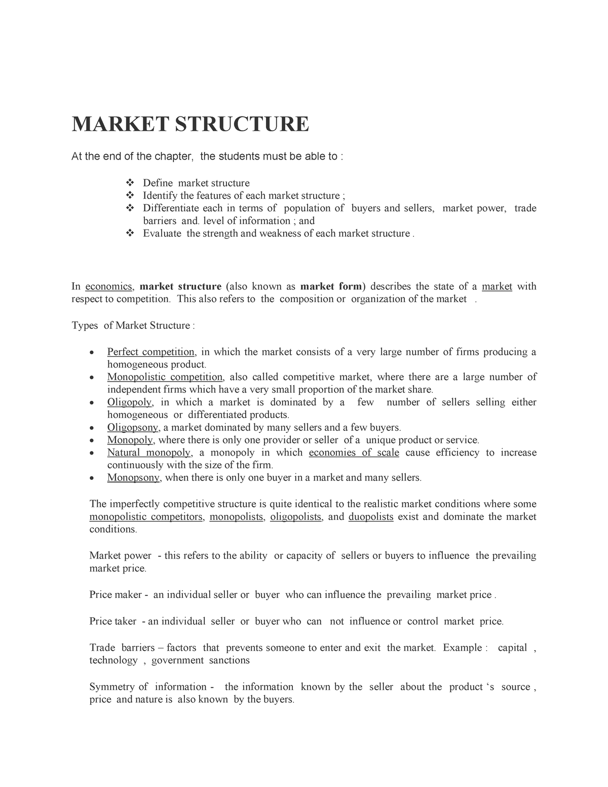 Market- Structure - MARKET STRUCTURE At the end of the chapter, the ...