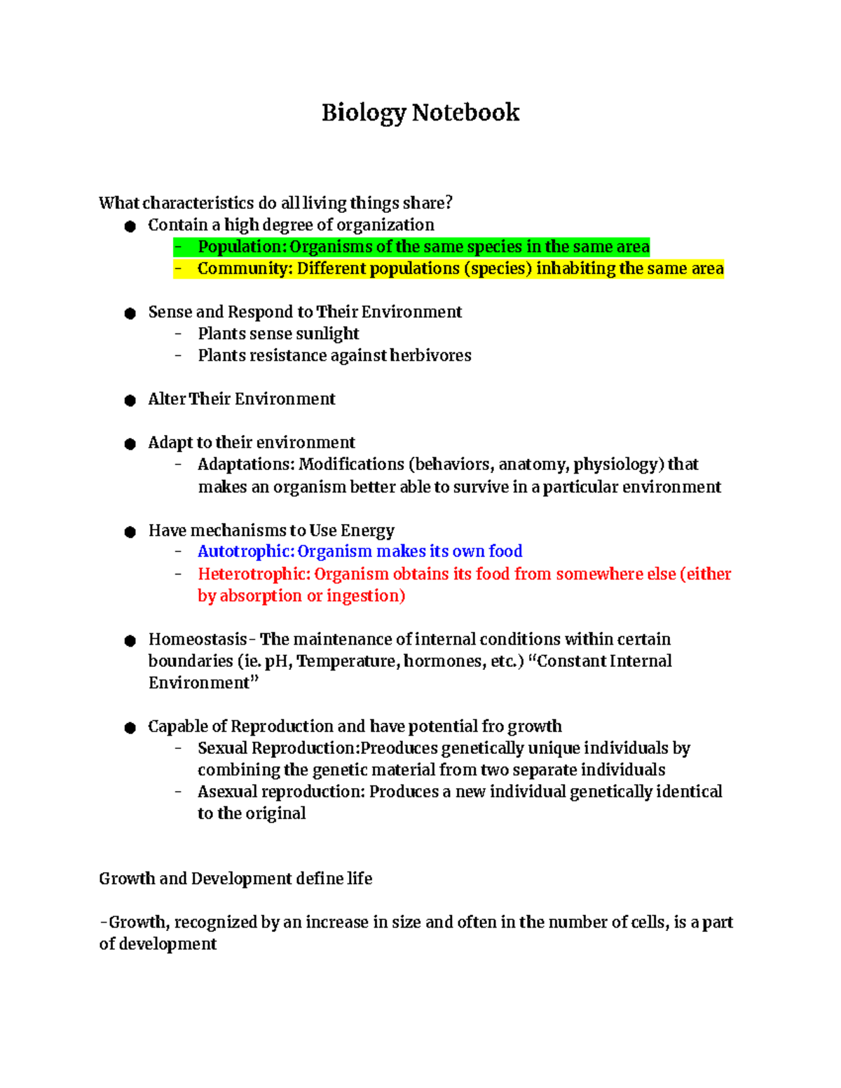 Biology Notebook - Biology Notebook What characteristics do all living ...