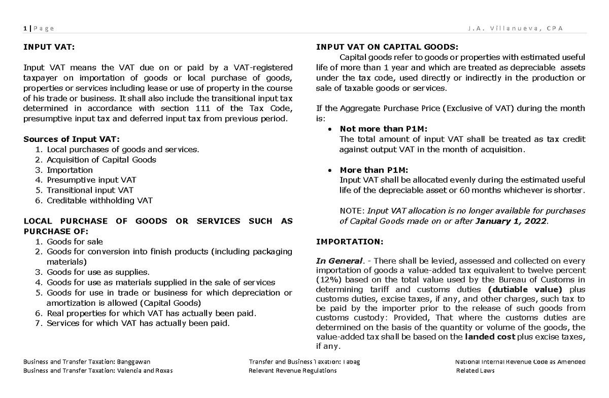 3. Input VAT Taxation Notes for accountancy students 1 P a g e J