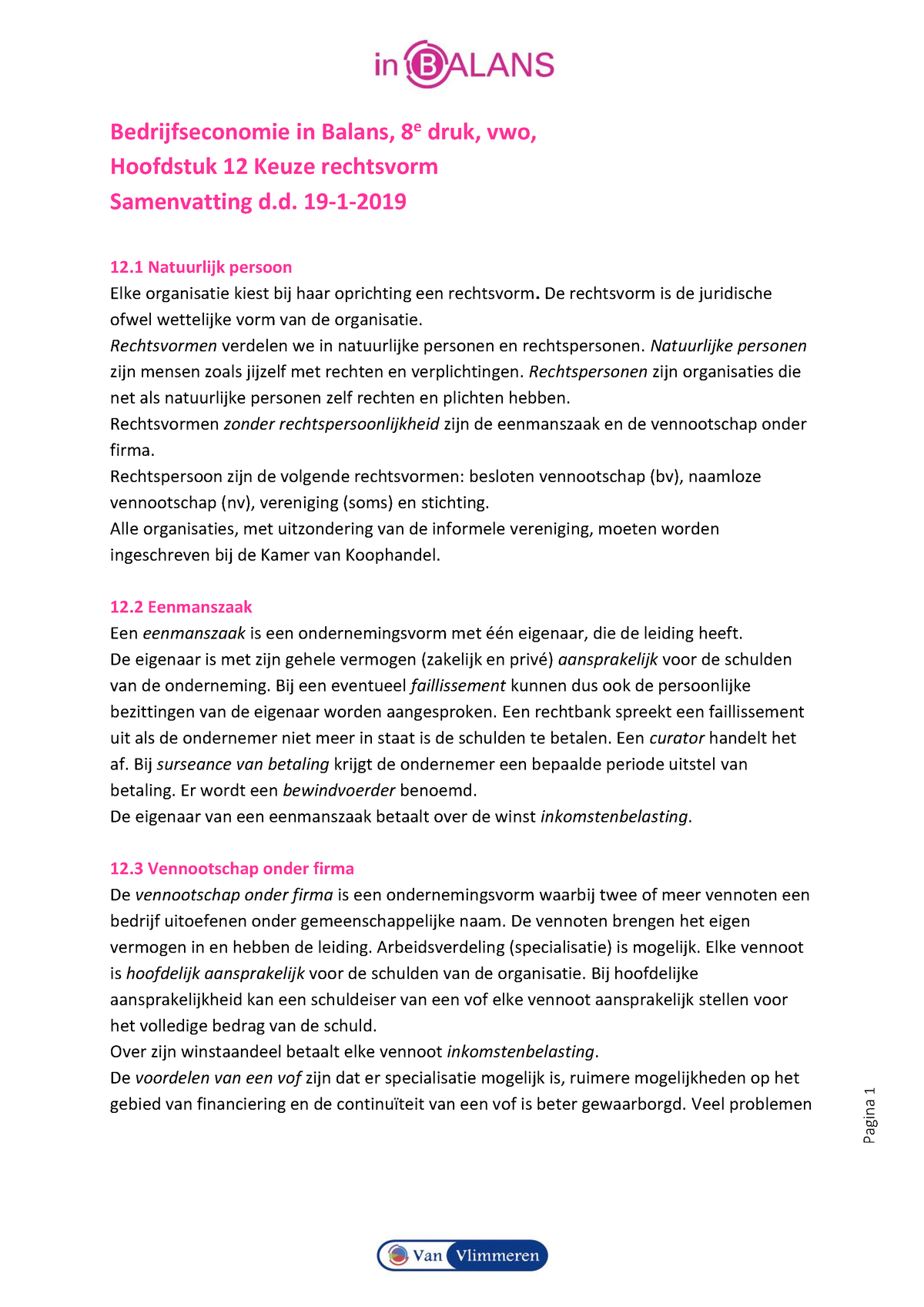 B-E In Balans, 8e Druk, Havo, 12 Keuze Rechtsvorm - Samenvatting ...