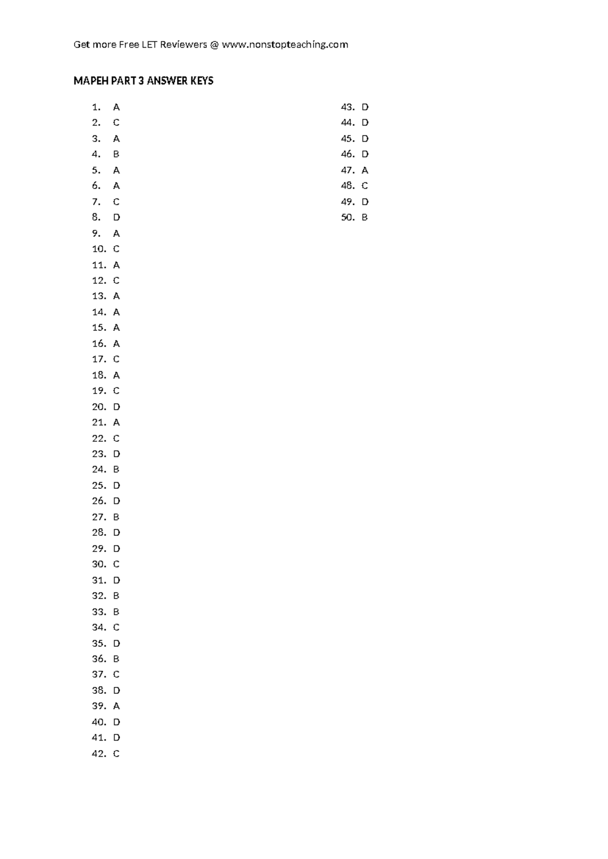 Mapeh PART 3 Answer KEYS - Get more Free LET Reviewers ...