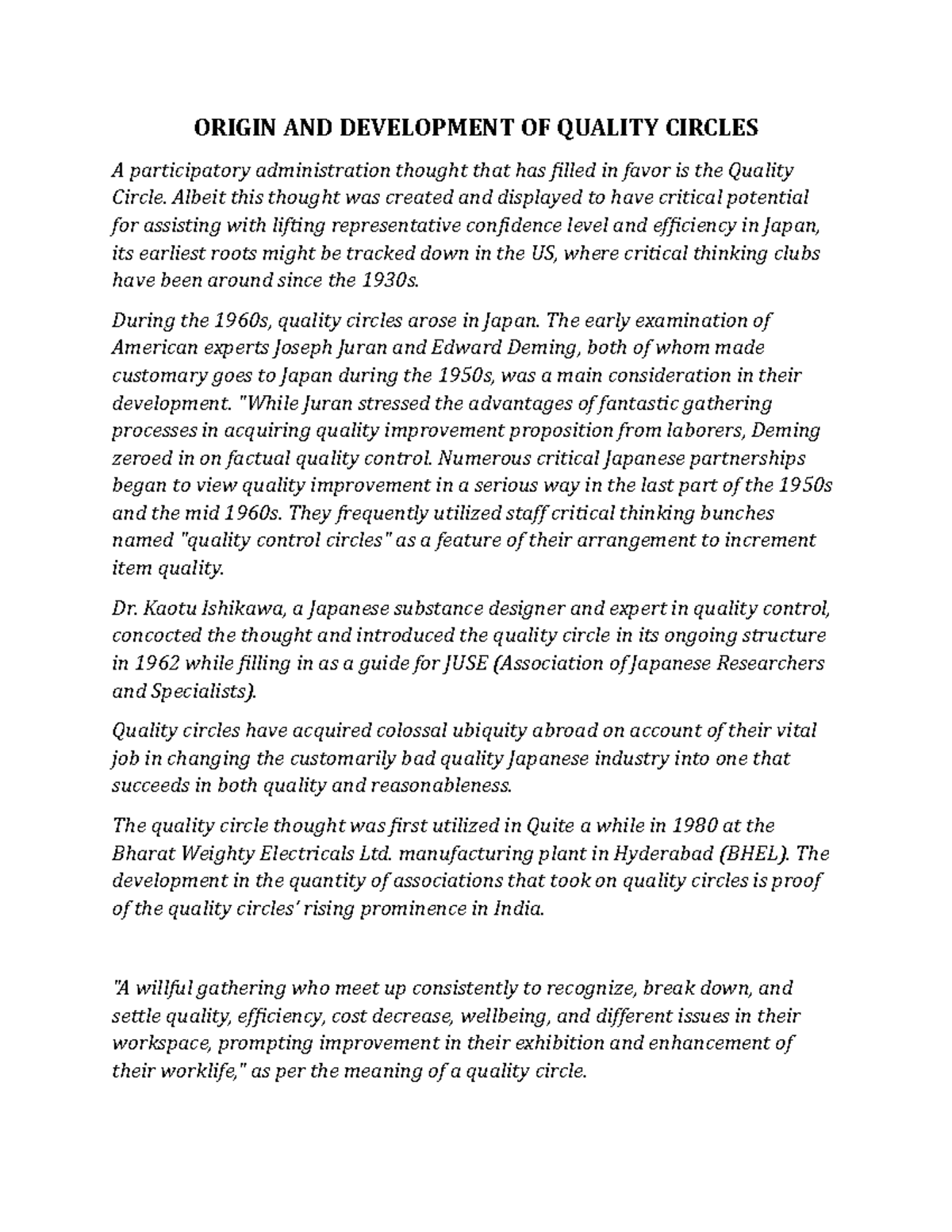 Origin AND Development OF Quality Circles ORIGIN AND DEVELOPMENT OF