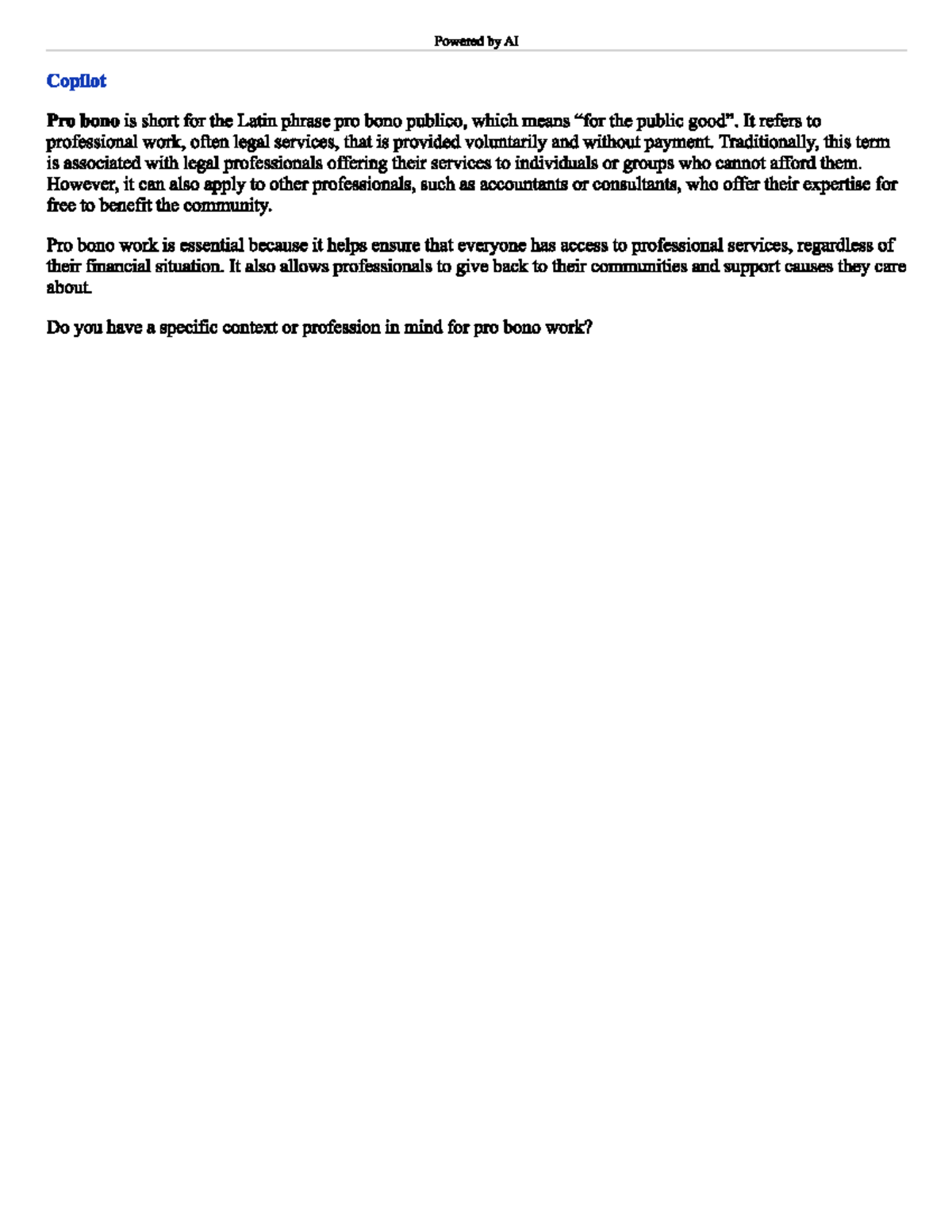 Pro Bono short summary of Pro Bono Powered AI Copilot Pro bono is