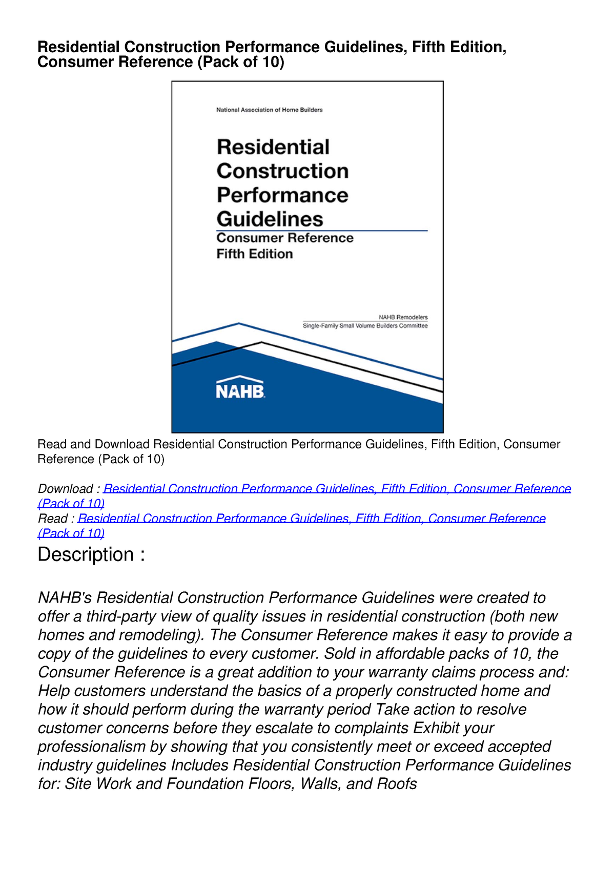 [READ DOWNLOAD] Residential Construction Performance Guidelines, Fifth ...