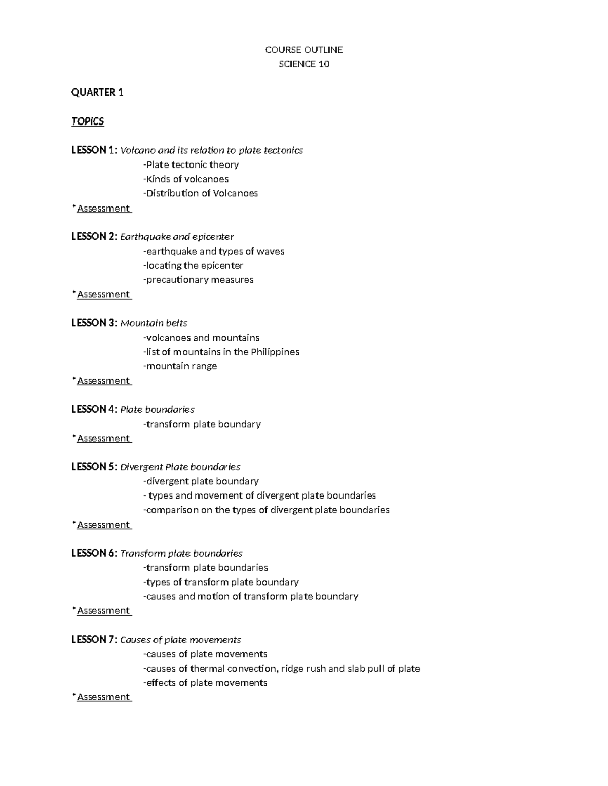 Course Outline science 10 - COURSE OUTLINE SCIENCE 10 QUARTER 1 TOPICS ...