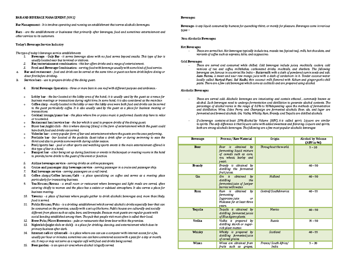 BAR AND Beverage Management - BAR AND BEVERAGE MANAGEMENT (HM 3) Bar ...