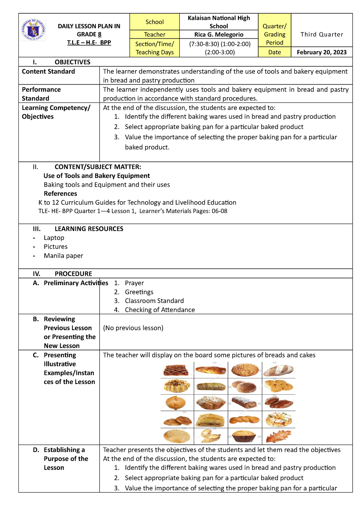 Lesson 1 BPP - Dlp Format - DAILY LESSON PLAN IN GRADE 8 T.L – H- BPP ...