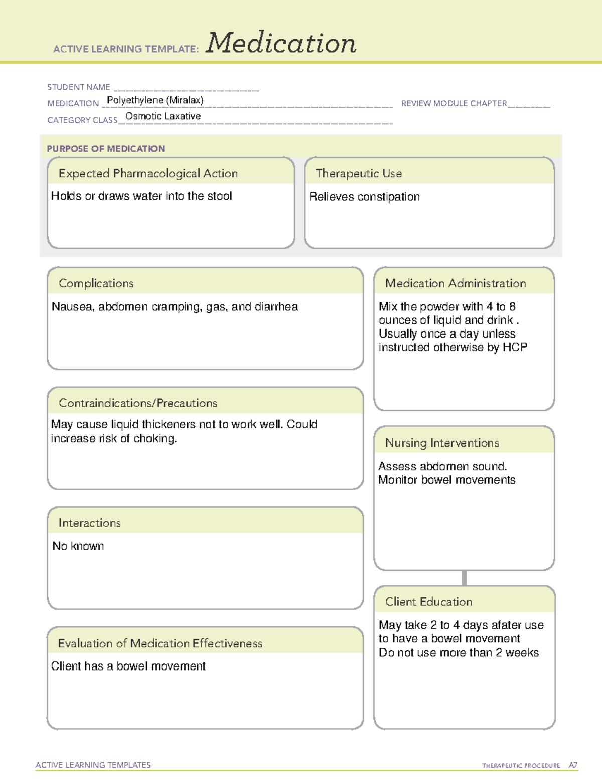 ATI Polyethylene (Miralax) Medication Sheet - ACTIVE LEARNING TEMPLATES ...