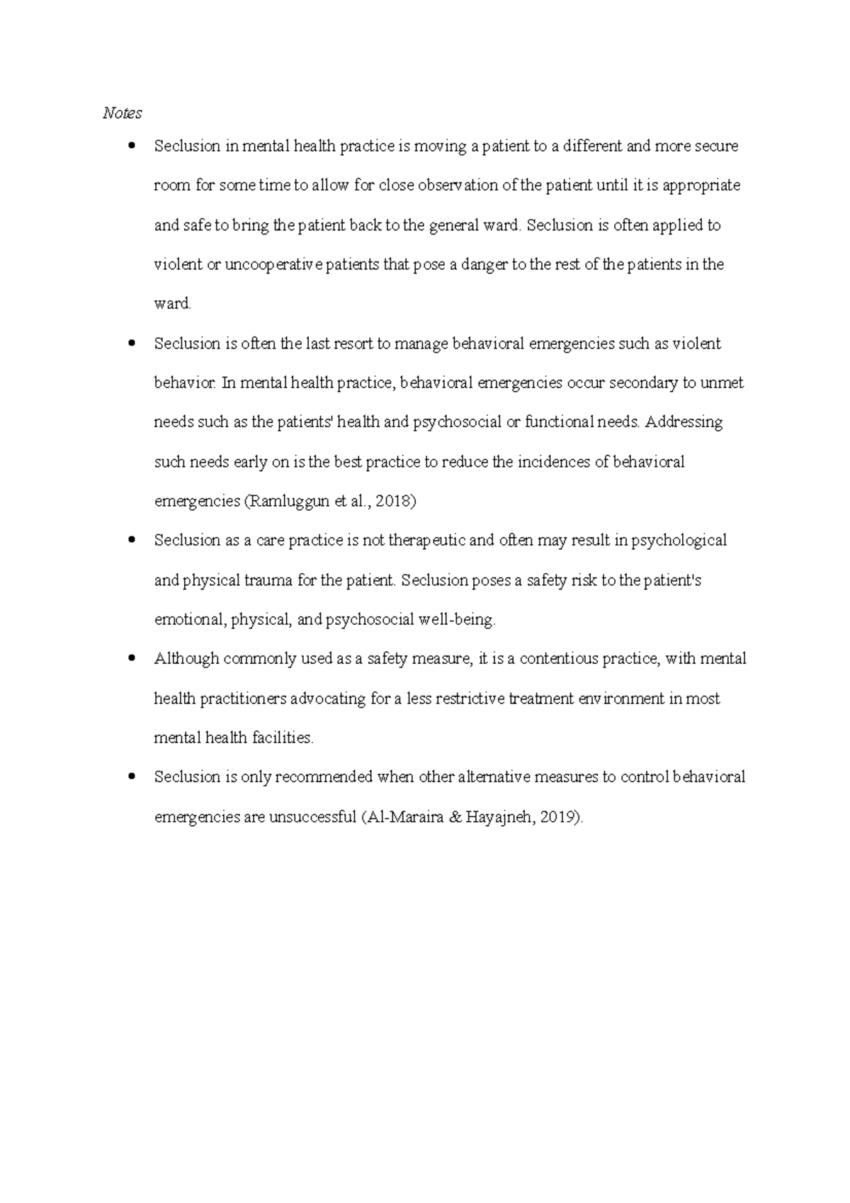 Unused - Class notes and tutorial - Notes Seclusion in mental health ...