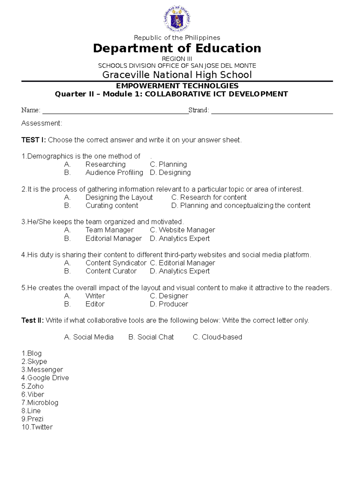 Activity Sheet in 4th Quarter Module Number 1 - Republic of the ...