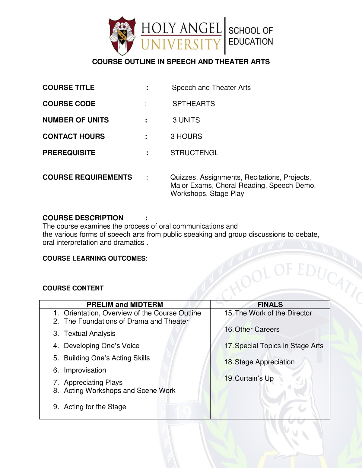 speech and theater arts course outline