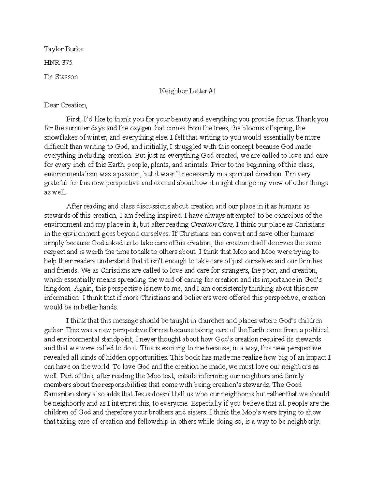 Stasson Letter #1 - Taylor Burke HNR 375 Dr. Stasson Neighbor Letter ...