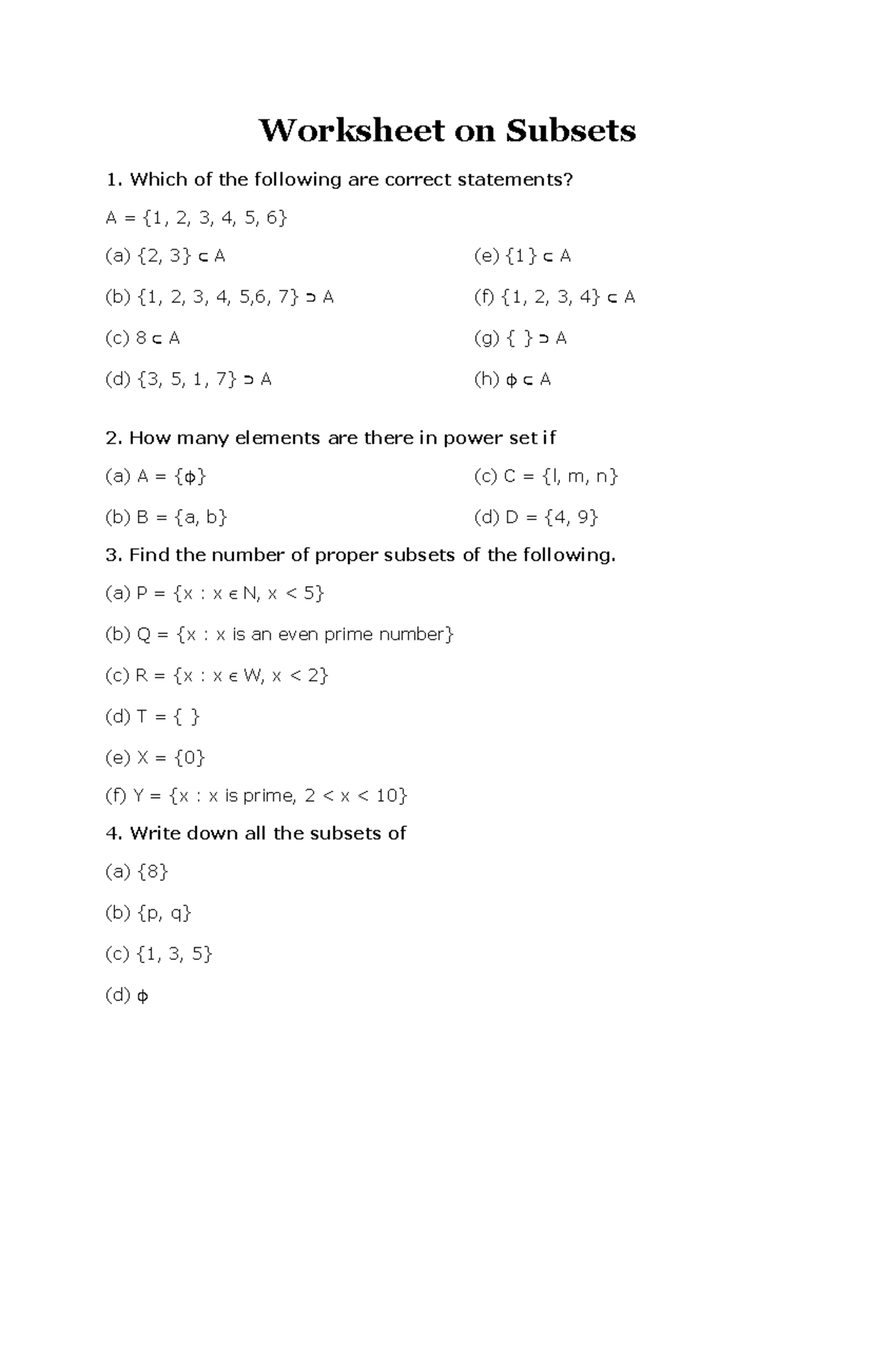 Worksheet On Subsets - Worksheet On Subsets Which Of The Following Are ...