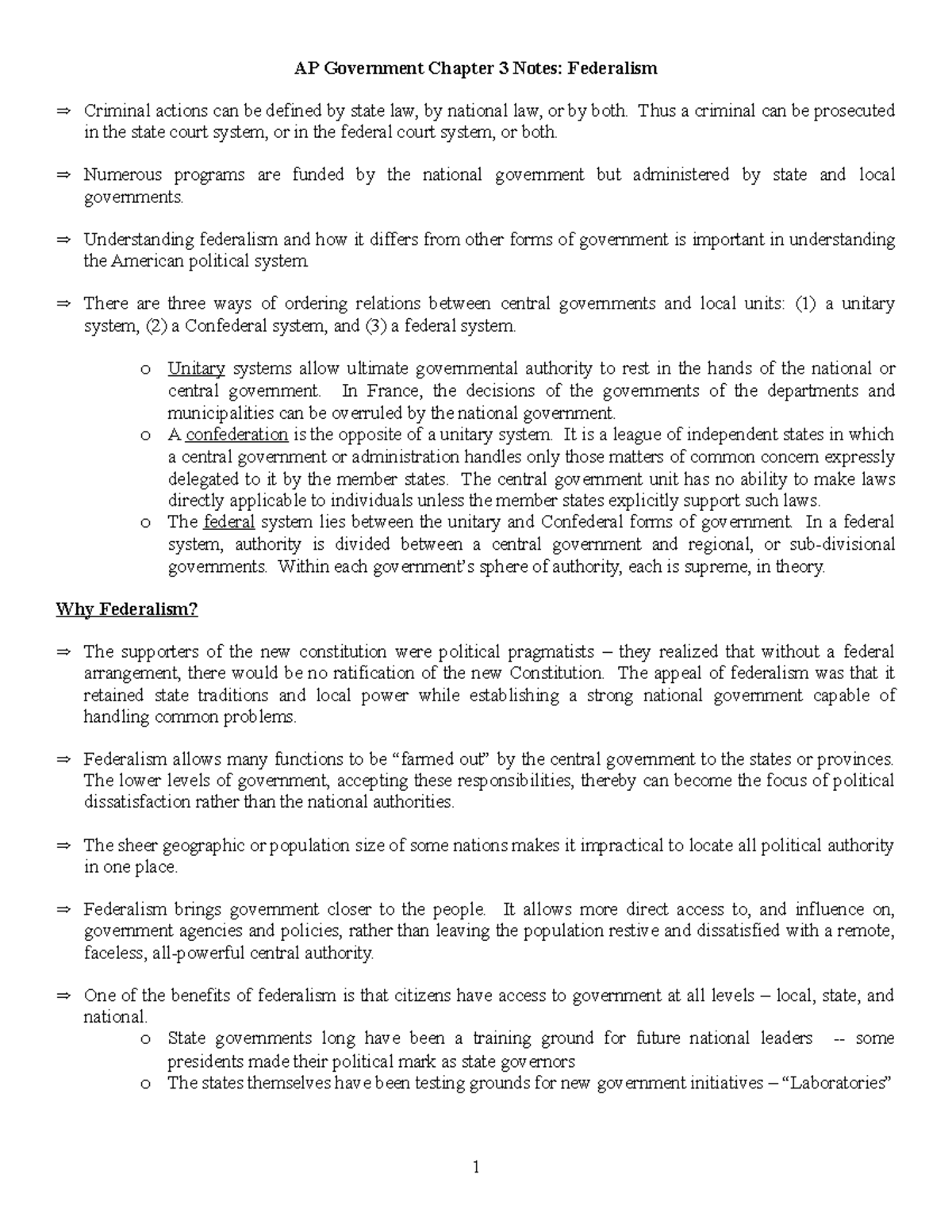 Apgovernmentchapter 3notesfederalism - AP Government Chapter 3 Notes ...