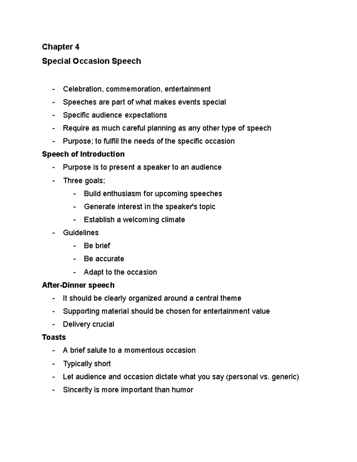 Public Speaking Chapter 4 Chapter 4 Special Occasion Speech