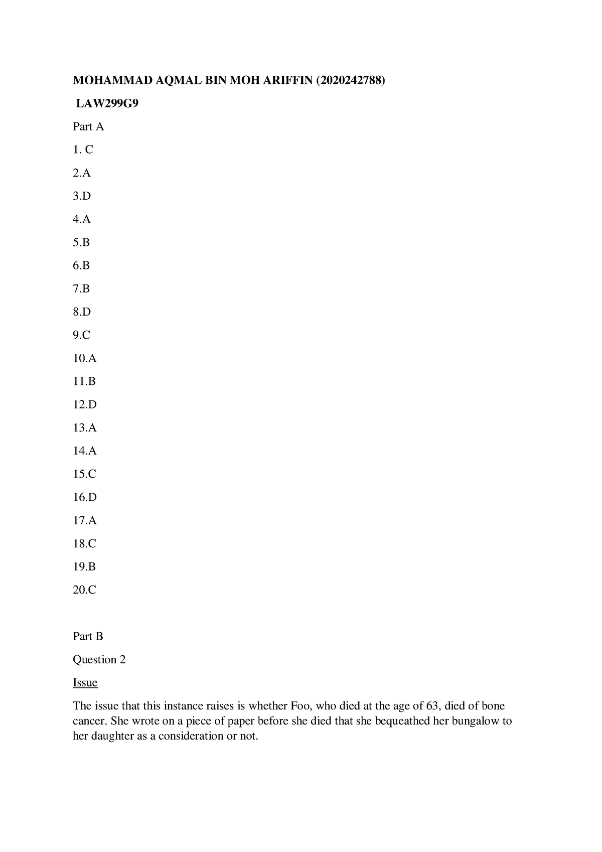 LAW 299 TEST 1 - Law299 Test 1 Answer - MOHAMMAD AQMAL BIN MOH ARIFFIN ...