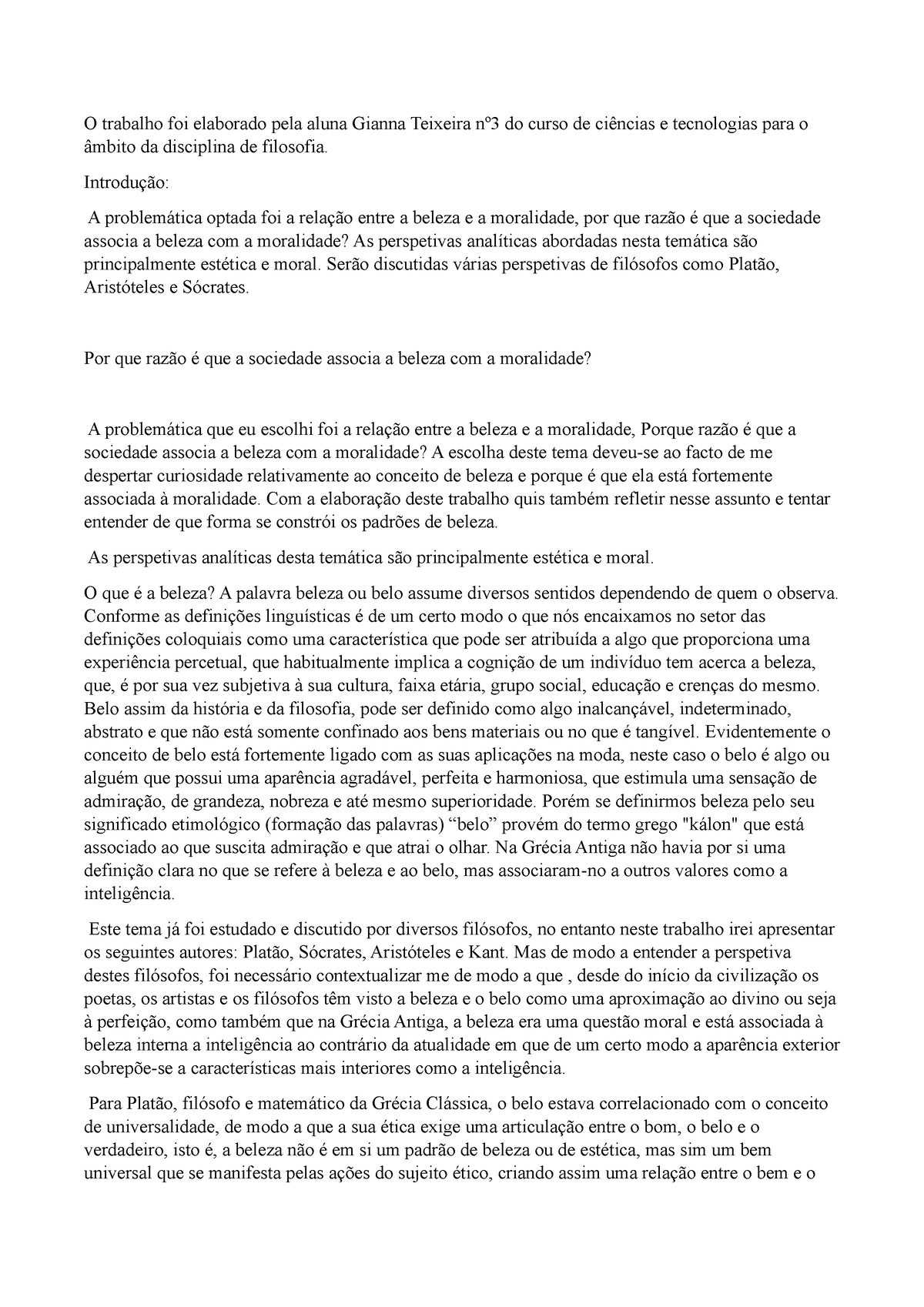 Ensaio Filosofico Beleza O Trabalho Foi Elaborado Pela Aluna Gianna Teixeira Nº3 Do Curso De 3751