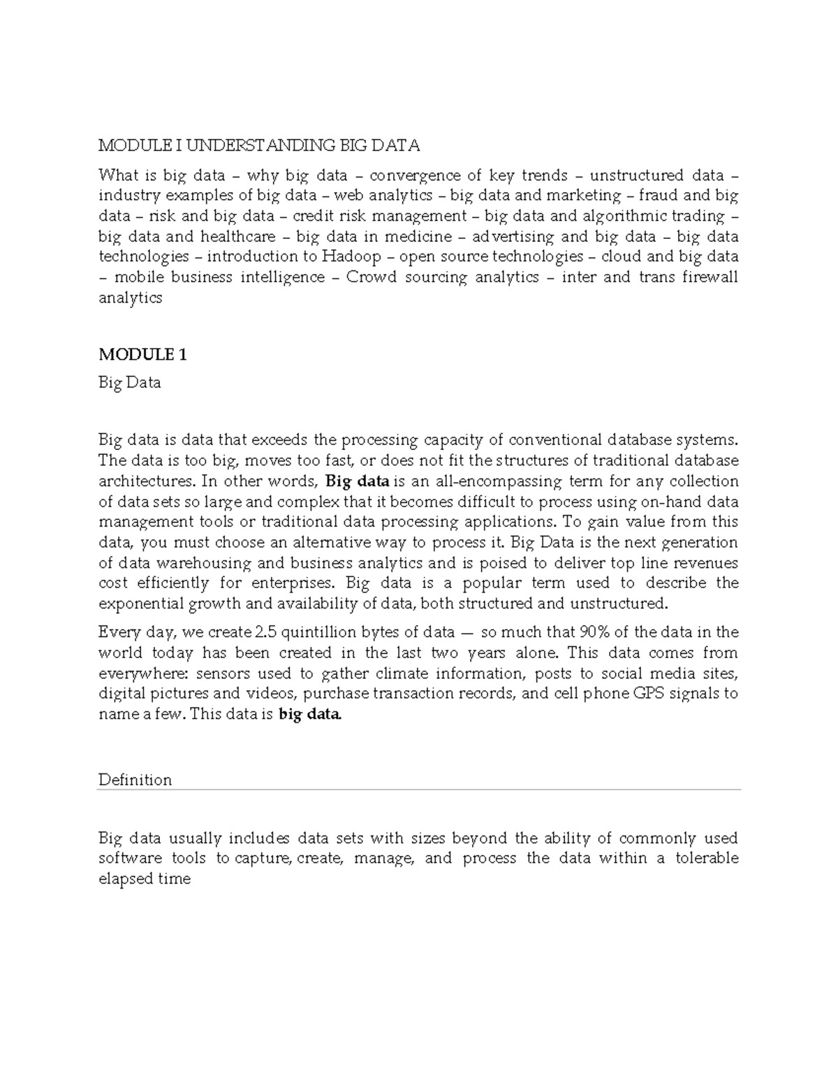 Big Data Module 1 notes - saghjkk - MODULE I UNDERSTANDING BIG DATA ...