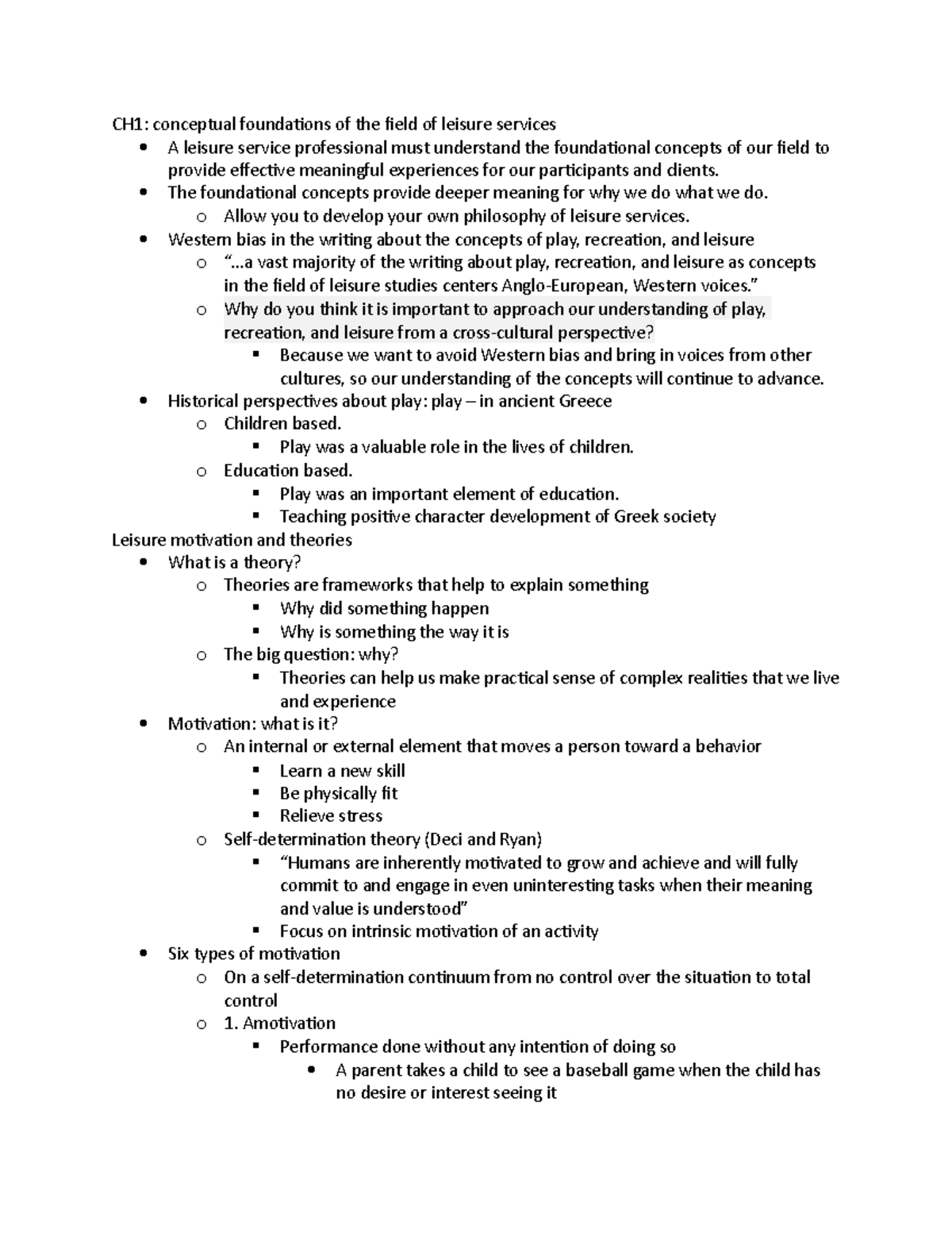 Rec 150 notes - CH1: conceptual foundations of the field of leisure ...