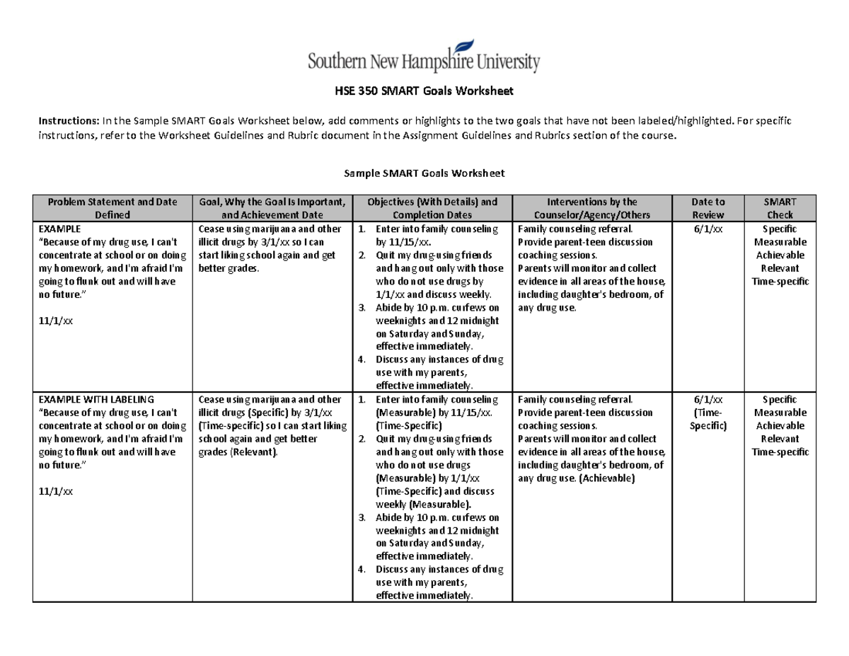 Hse350 smart goals worksheet - HSE 350 SMART Goals Worksheet ...