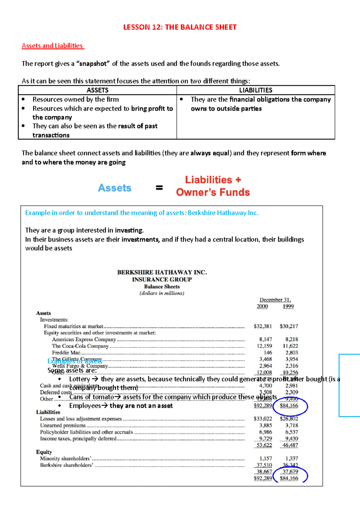 Lesson 12 THE Balance Sheet LESSON 12 THE BALANCE SHEET Assets and