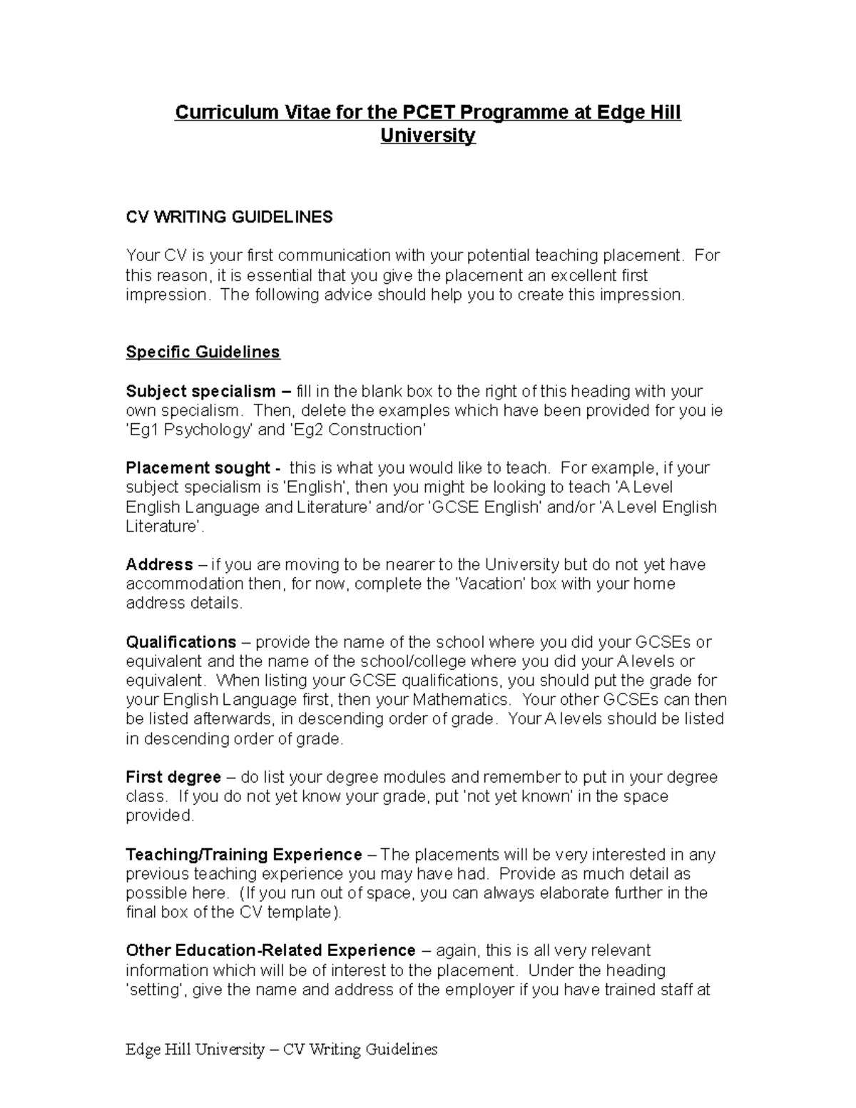 PCET service - PGCE notes - Curriculum Vitae for the PCET Programme at ...