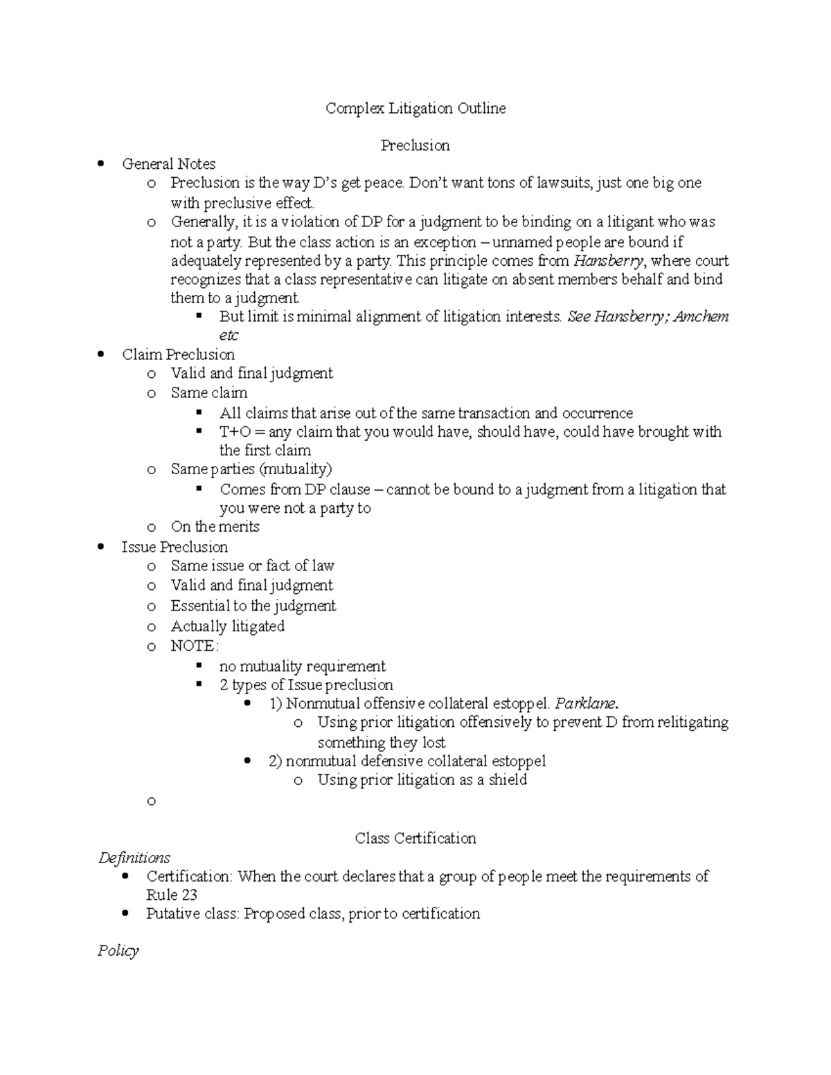 Adam's Complex Litigation Outline Complex Litigation Outline