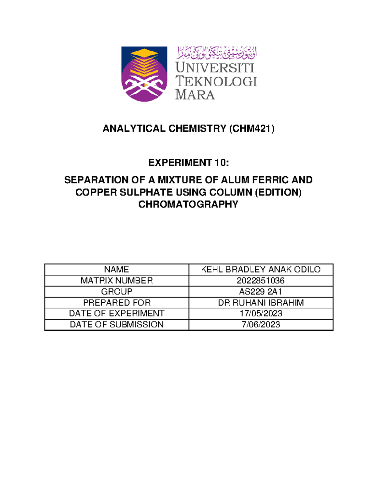 Chm421 Lab Report 10 - ANALYTICAL CHEMISTRY (CHM421) EXPERIMENT 10 ...