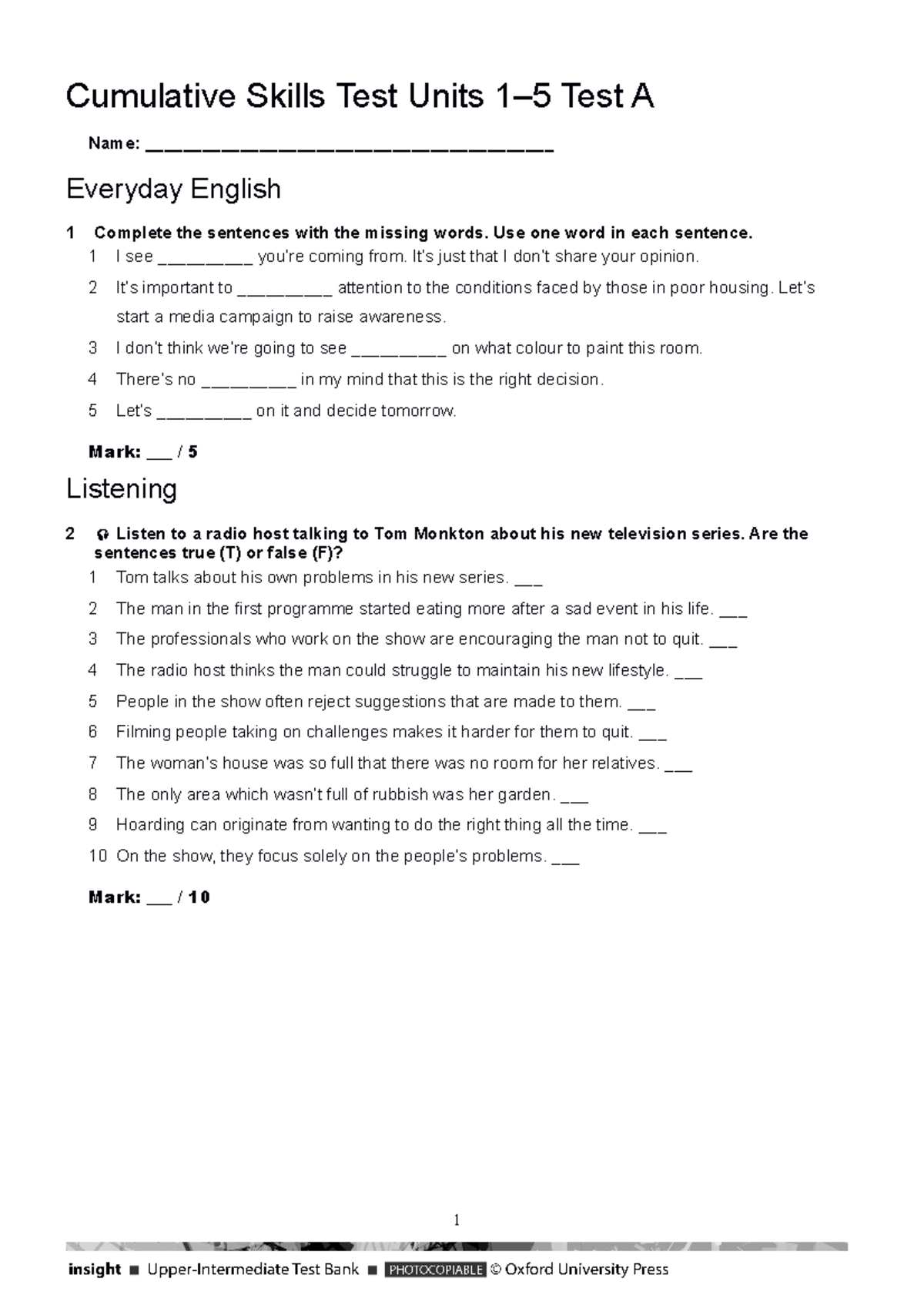 Cumulative Skills Test Units 1-5 Test A - Cumulative Skills Test Units ...