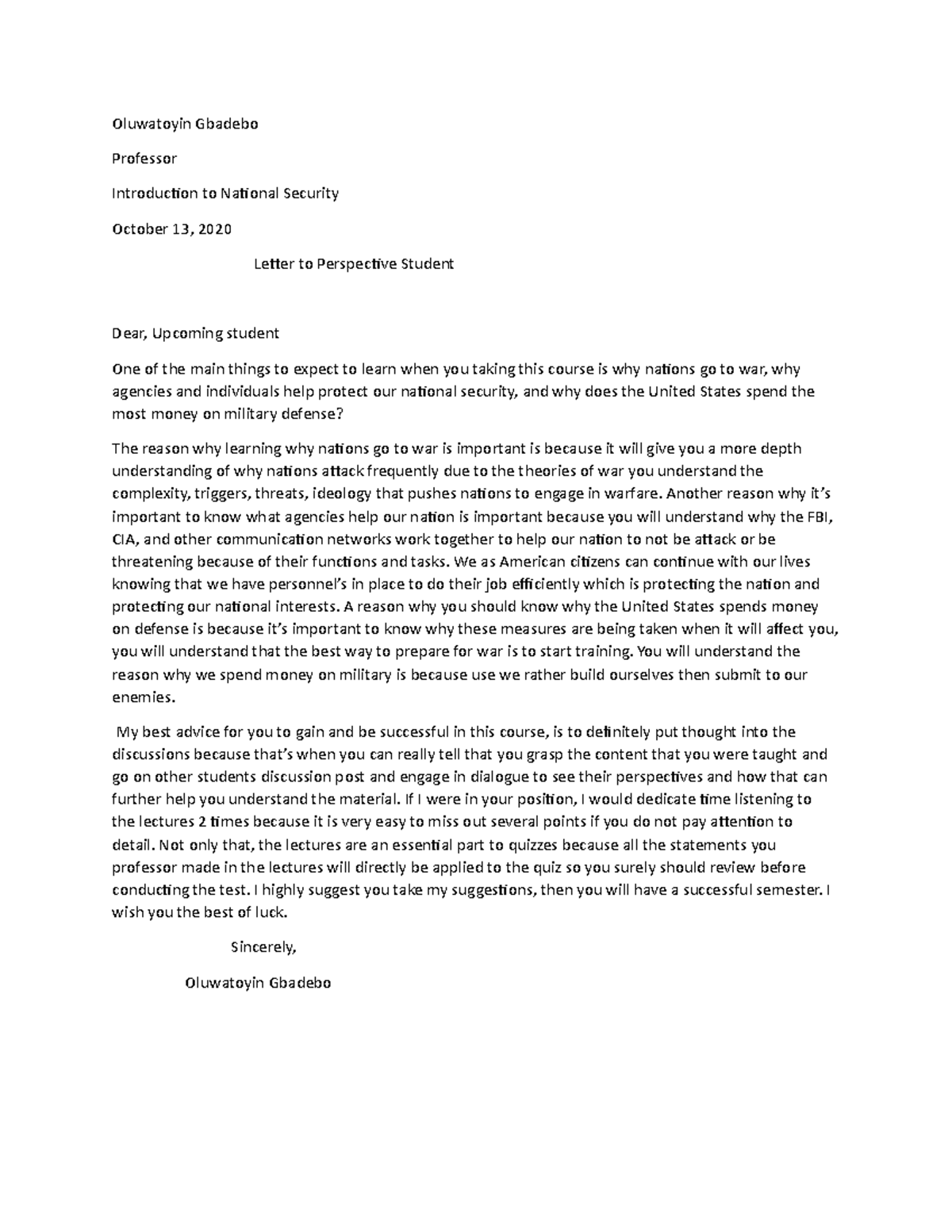 Letter to perspective student - Oluwatoyin Gbadebo Professor ...