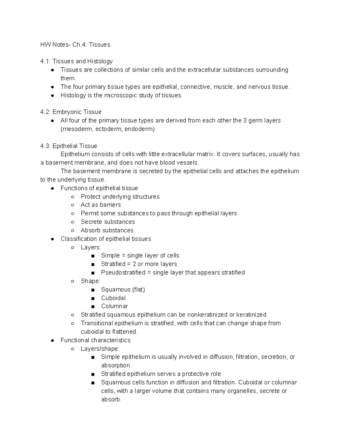 Hw Notes Ch 4 Tissues Summary Seeley S Anatomy And Physiology Bio Studocu