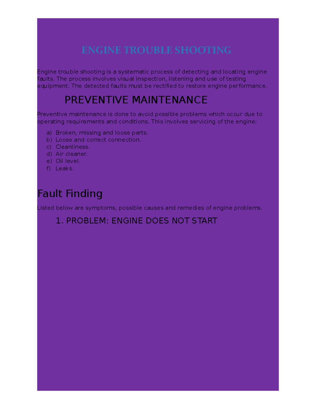 Engine Trouble Shooting ENGINE TROUBLE SHOOTING Engine trouble