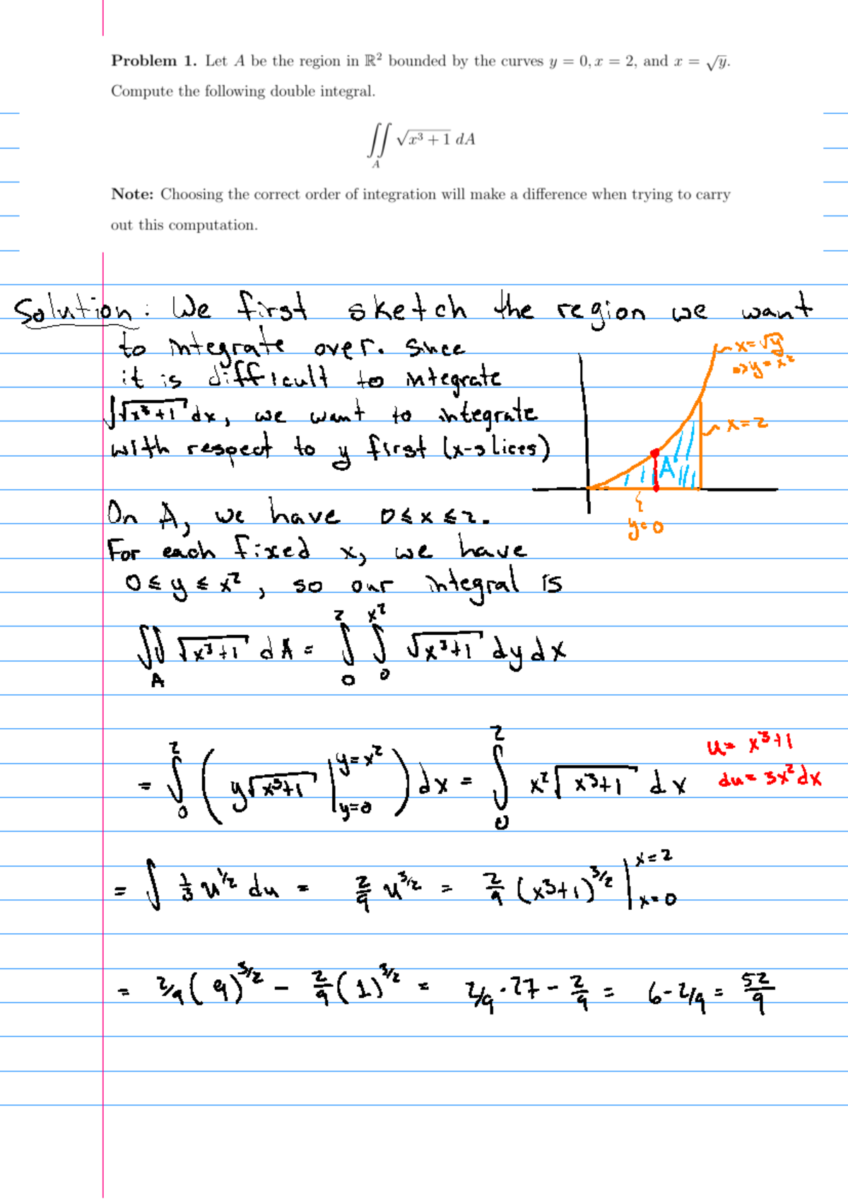 Solutions - Quiz 4 - Problem 1. Let A be the region in R2 bounded the ...