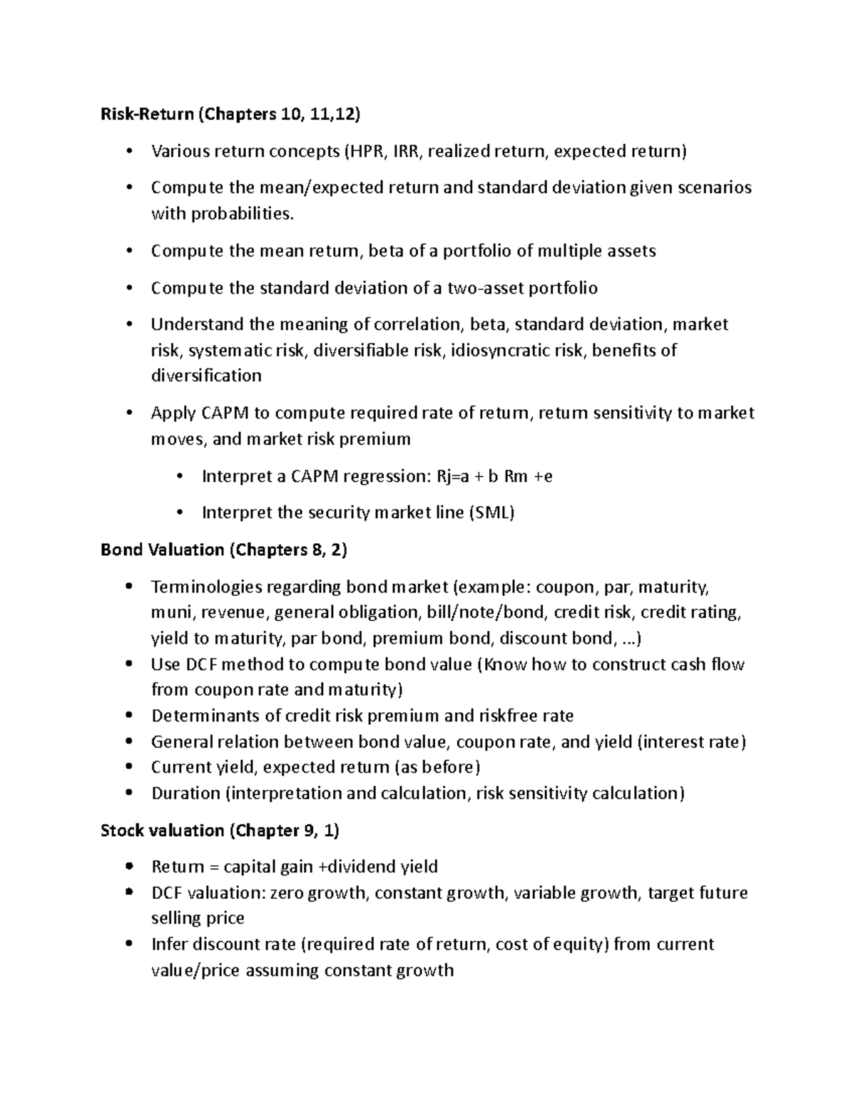 Final Topics List - Risk-Return (Chapters 10, 11,12) - Various return ...
