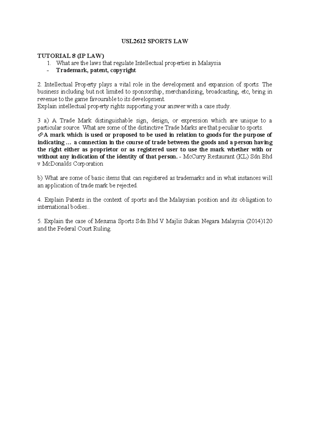Tutorial 8 (IP) - USE AT YOUR OWN RISK - USL2612 SPORTS LAW TUTORIAL 8 ...