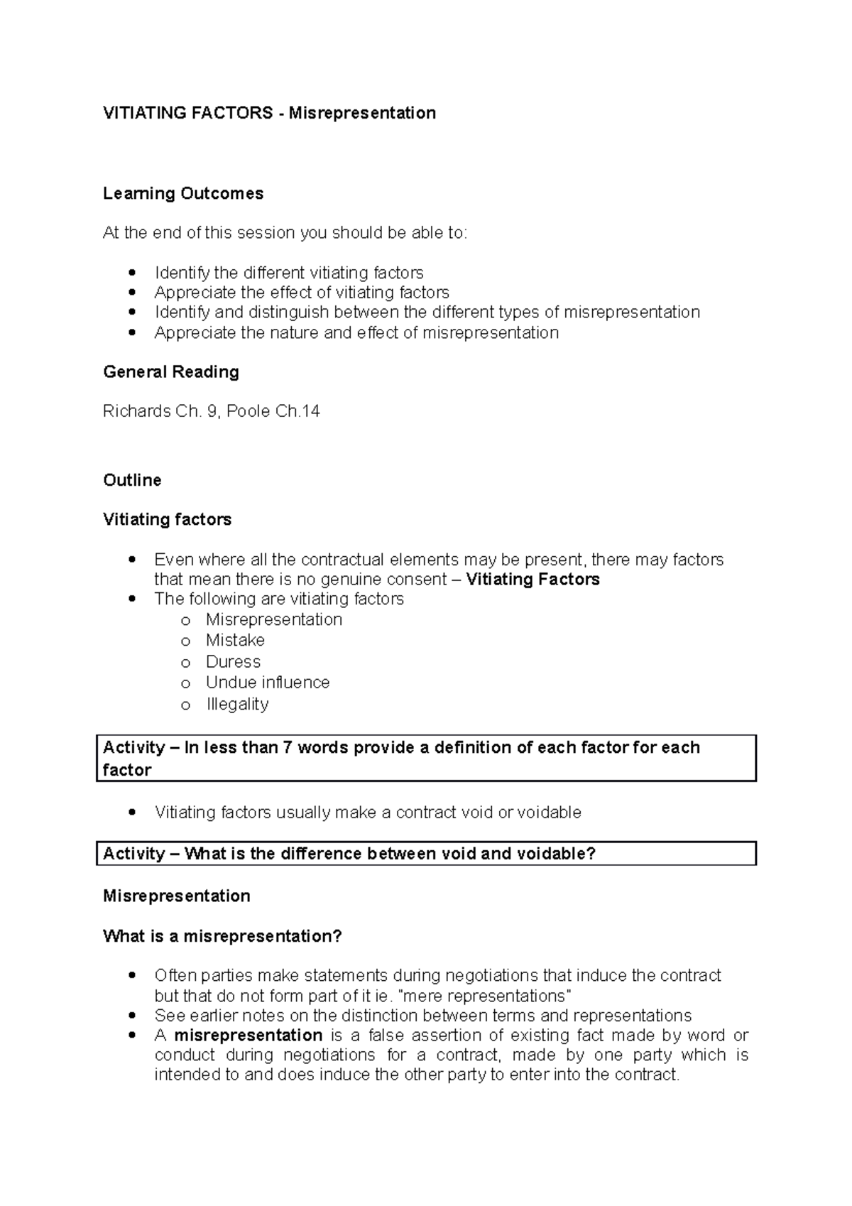 Misrep-1 - notes - VITIATING FACTORS - Misrepresentation Learning ...