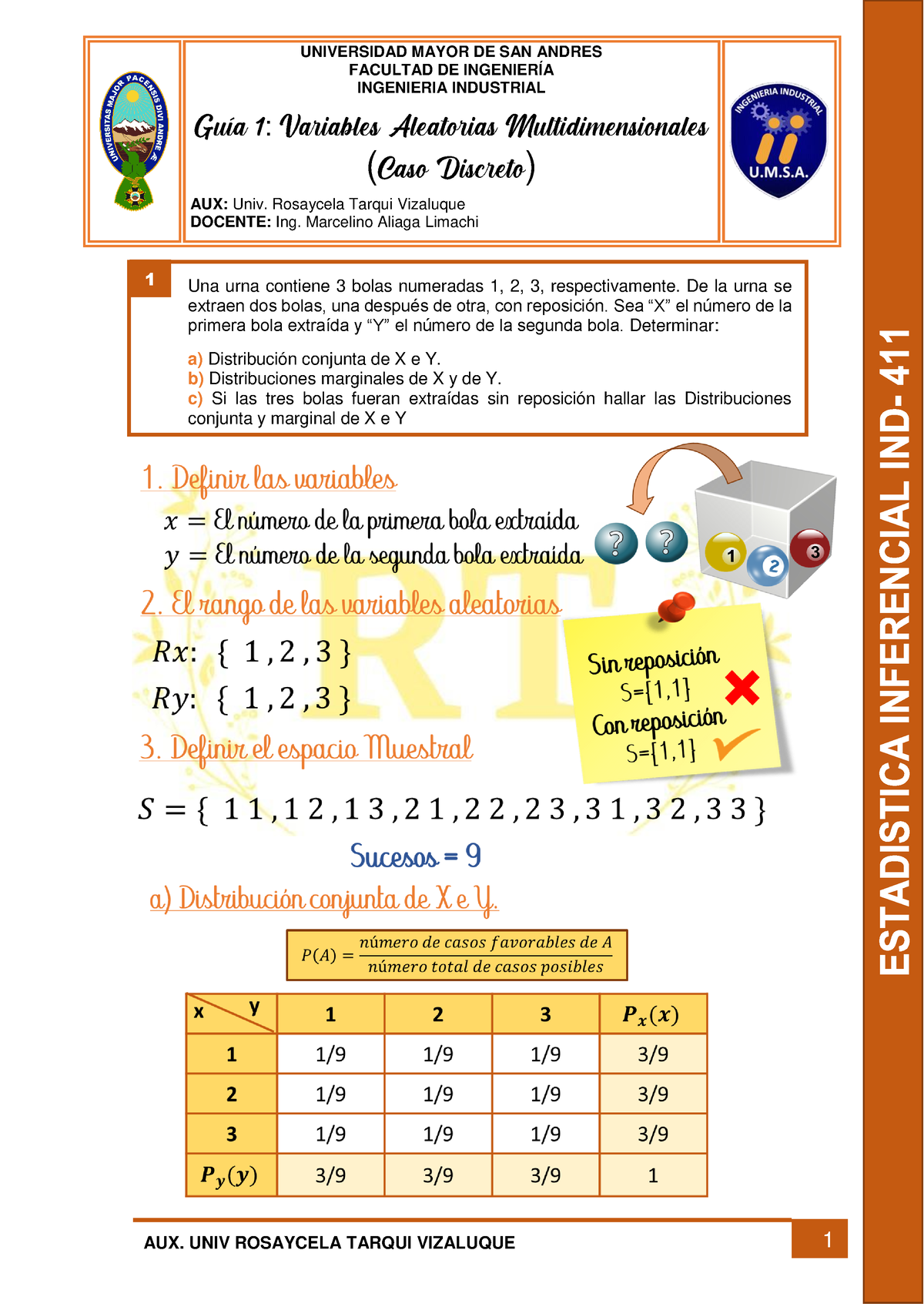 GUIA 1 Solucionario - IND-411 - Una Urna Contiene 3 Bolas Numeradas 1 ...