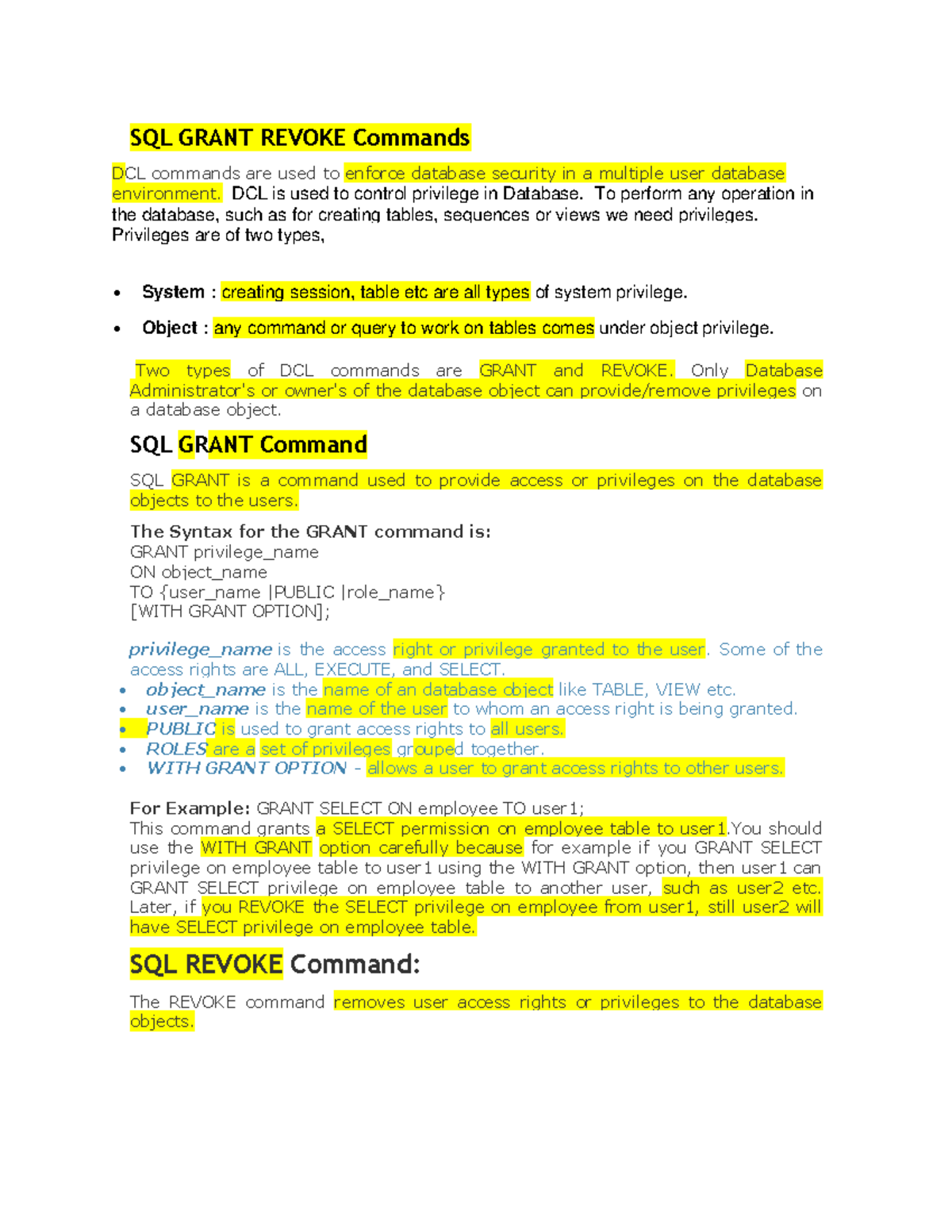 Dcl - Sql - SQL GRANT REVOKE Commands DCL commands are used to enforce ...