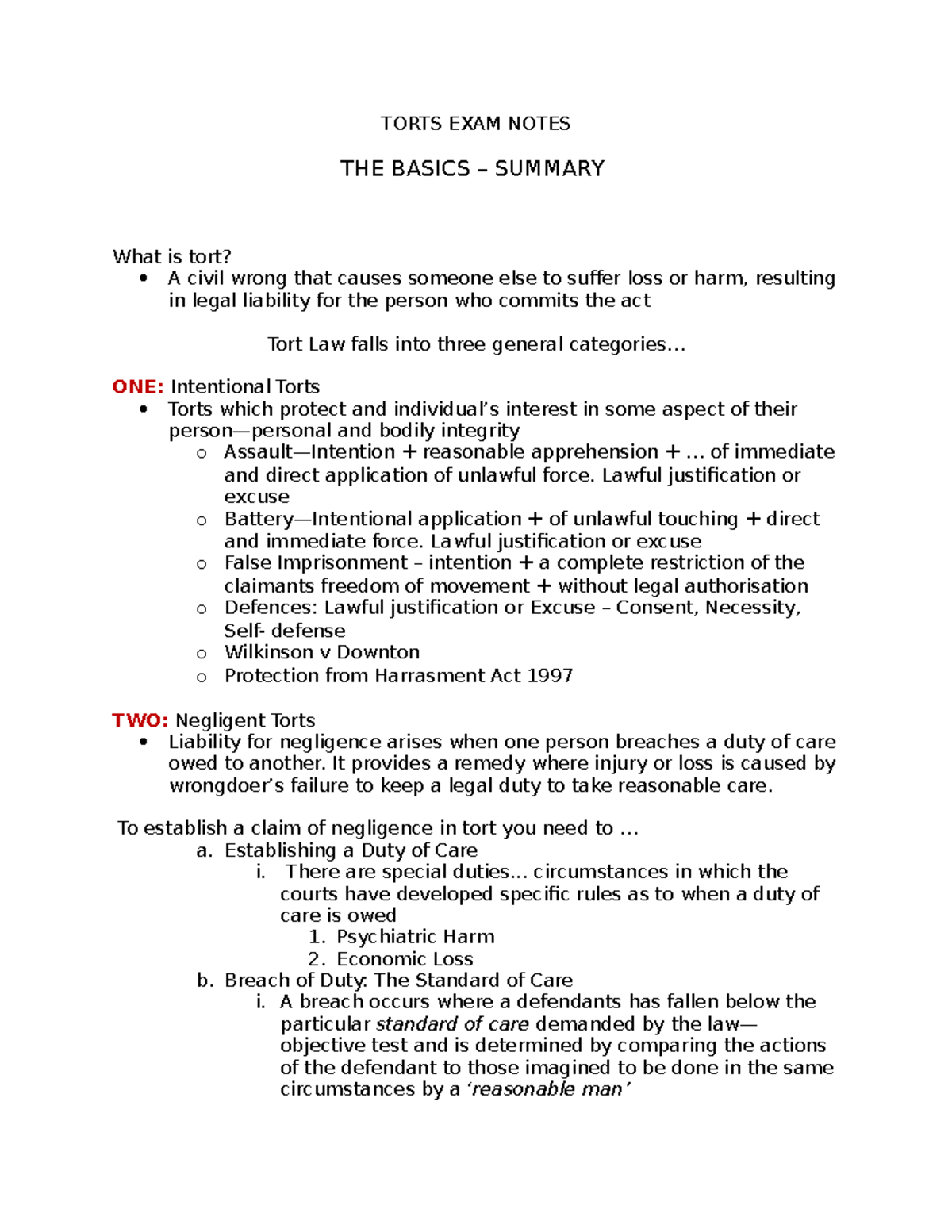 Torts EXAM Notes NEED TO BE Edited - TORTS EXAM NOTES THE BASICS ...