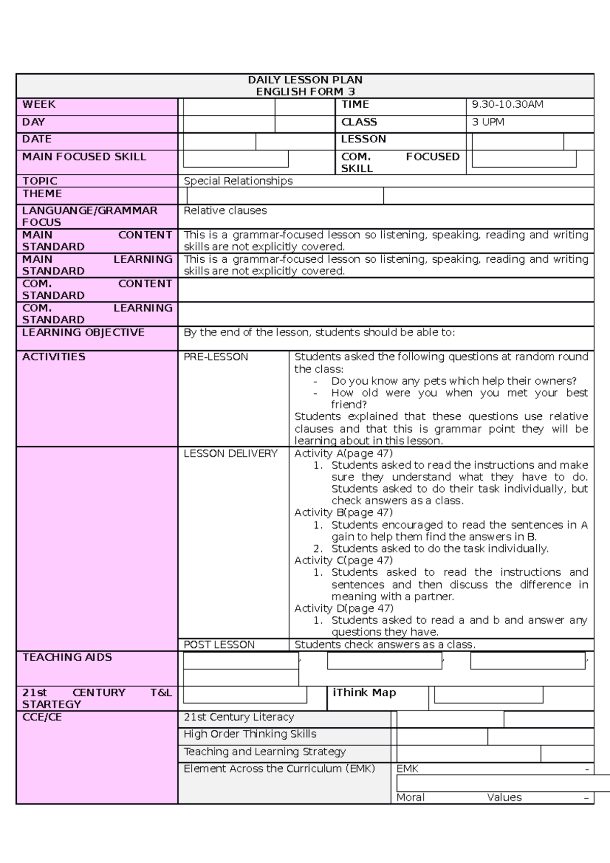 Lesson Plan English Form One