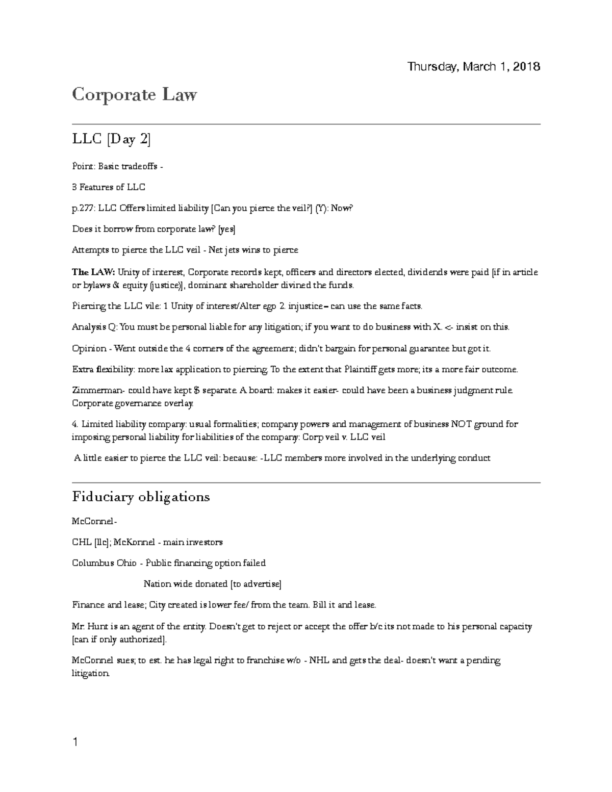 Corp 1 1 - Lecture notes 1 - Thursday, March 1, 2018 Corporate Law LLC ...