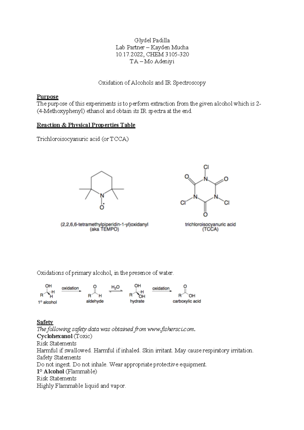 Oxidation of Alcohols and IR Spectroscopy - Glydel Padilla Lab Partner ...