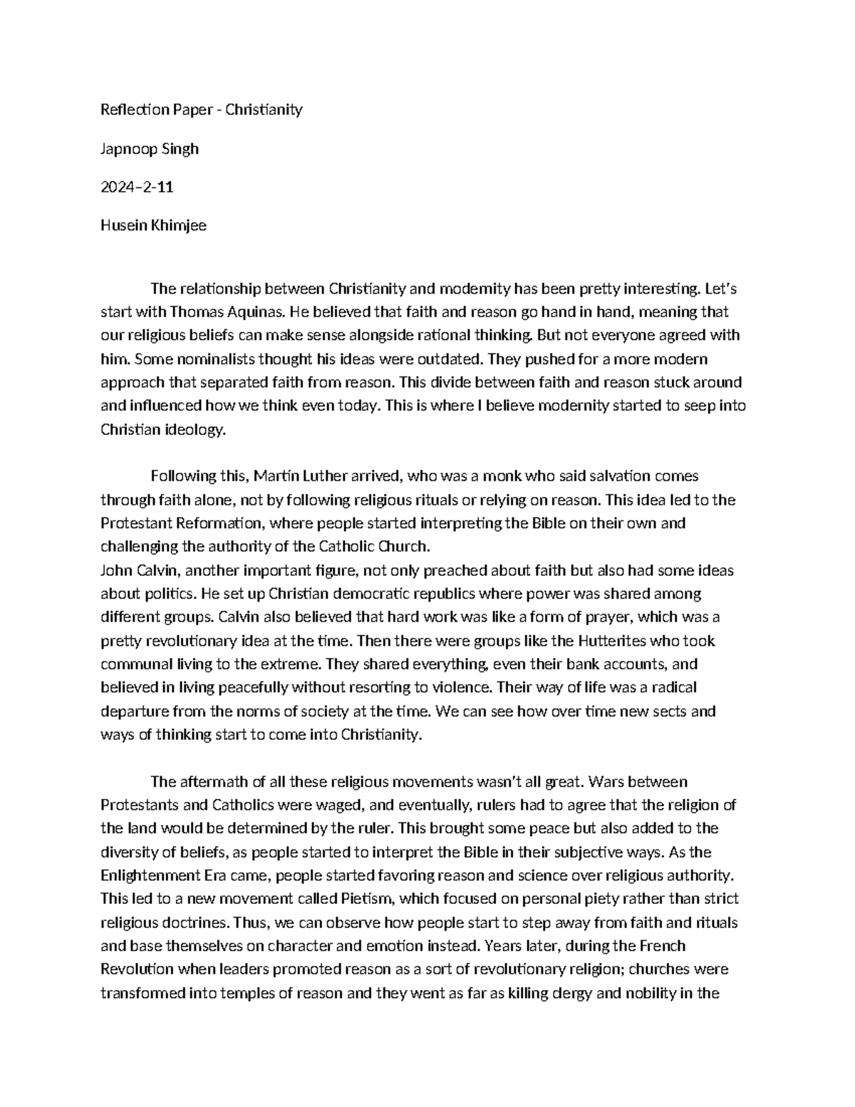Reflection Paper - Christianity - RE206 - Reflection Paper ...
