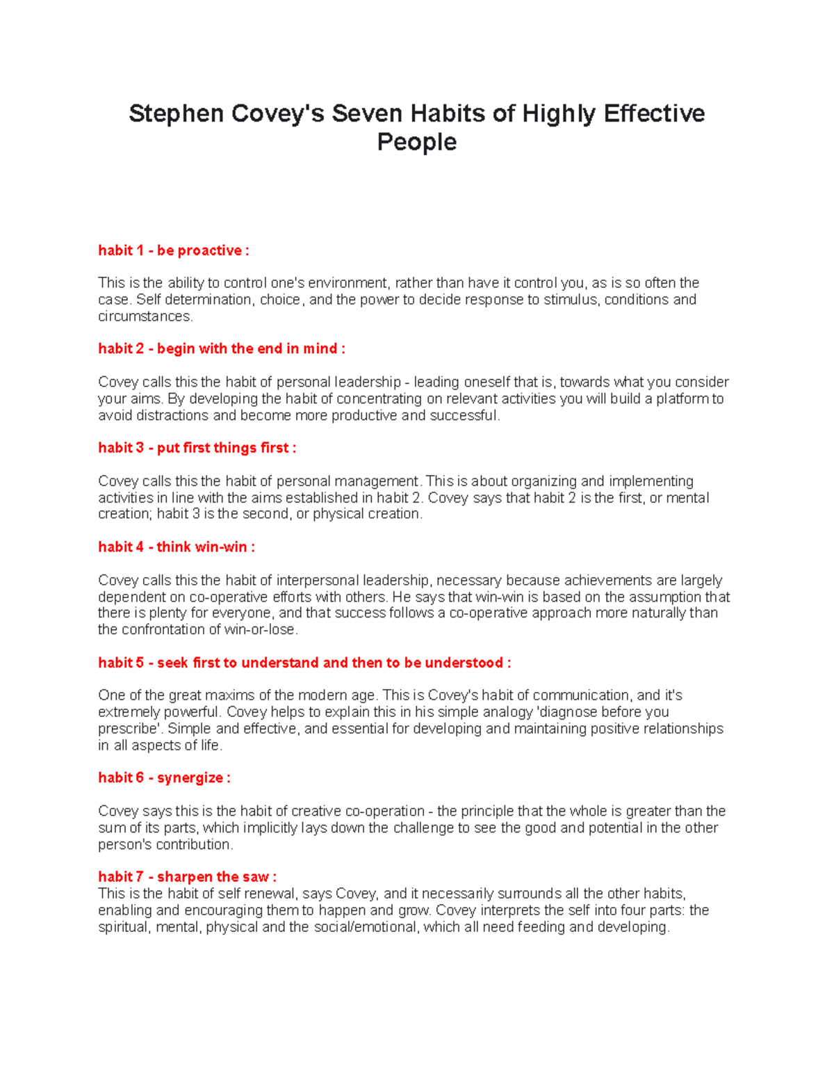 Stephen Covey's Seven Habits of Highly Effective People - Self ...